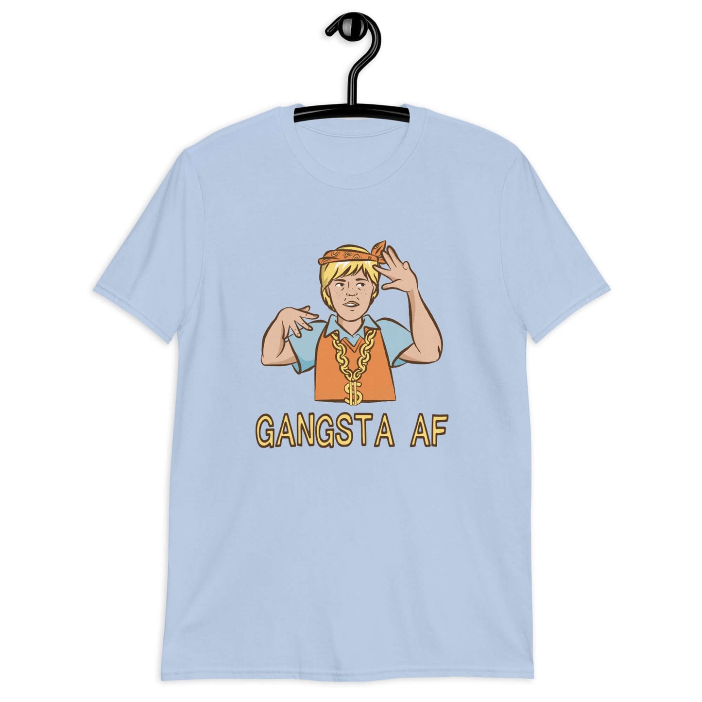 Light blue t-shirt with a parody image of a blond haired child trying to be a gangster with the words Gangsta AF printed on the front.