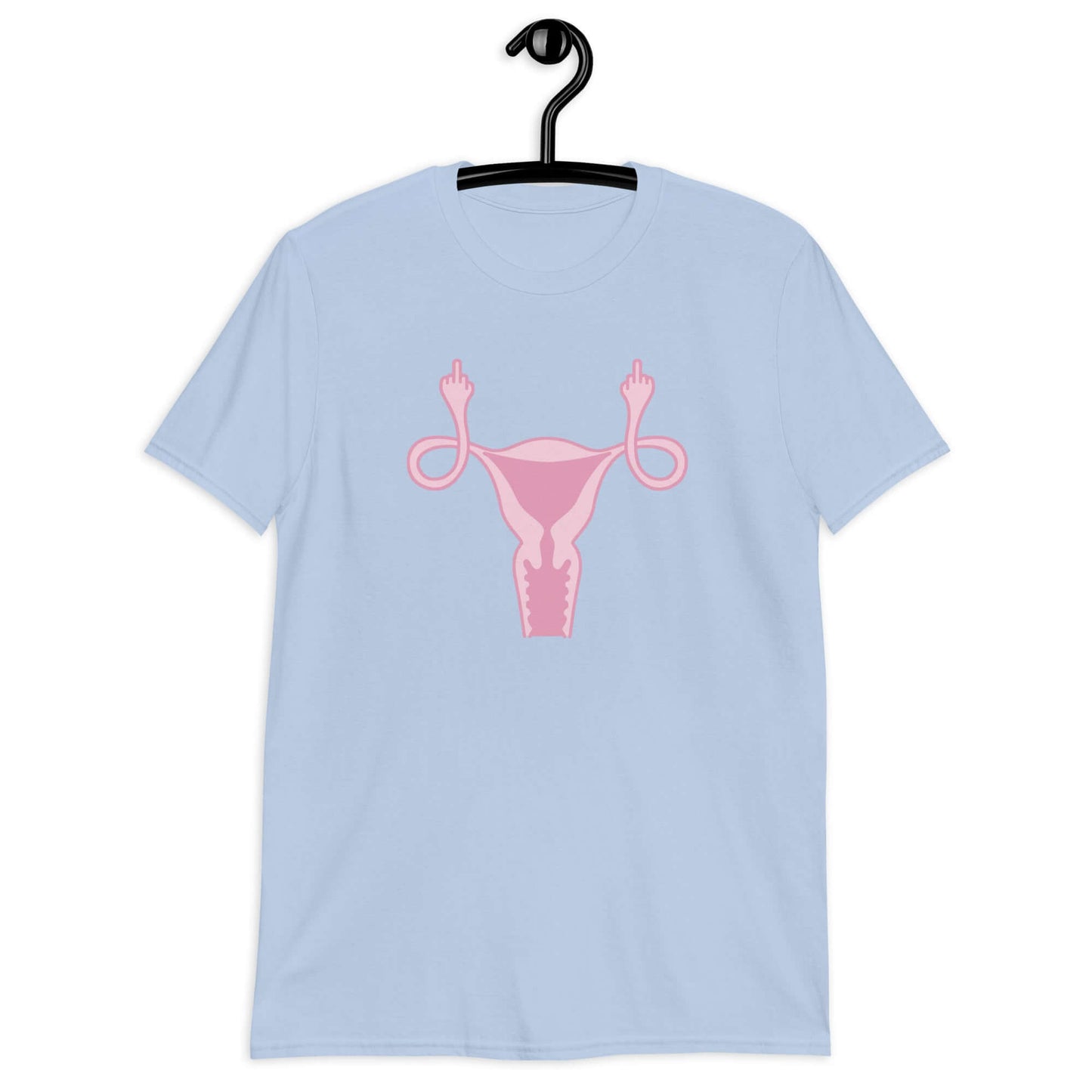 Light blue t-shirt with image of a pink uterus flipping middle finger graphic printed on the front.