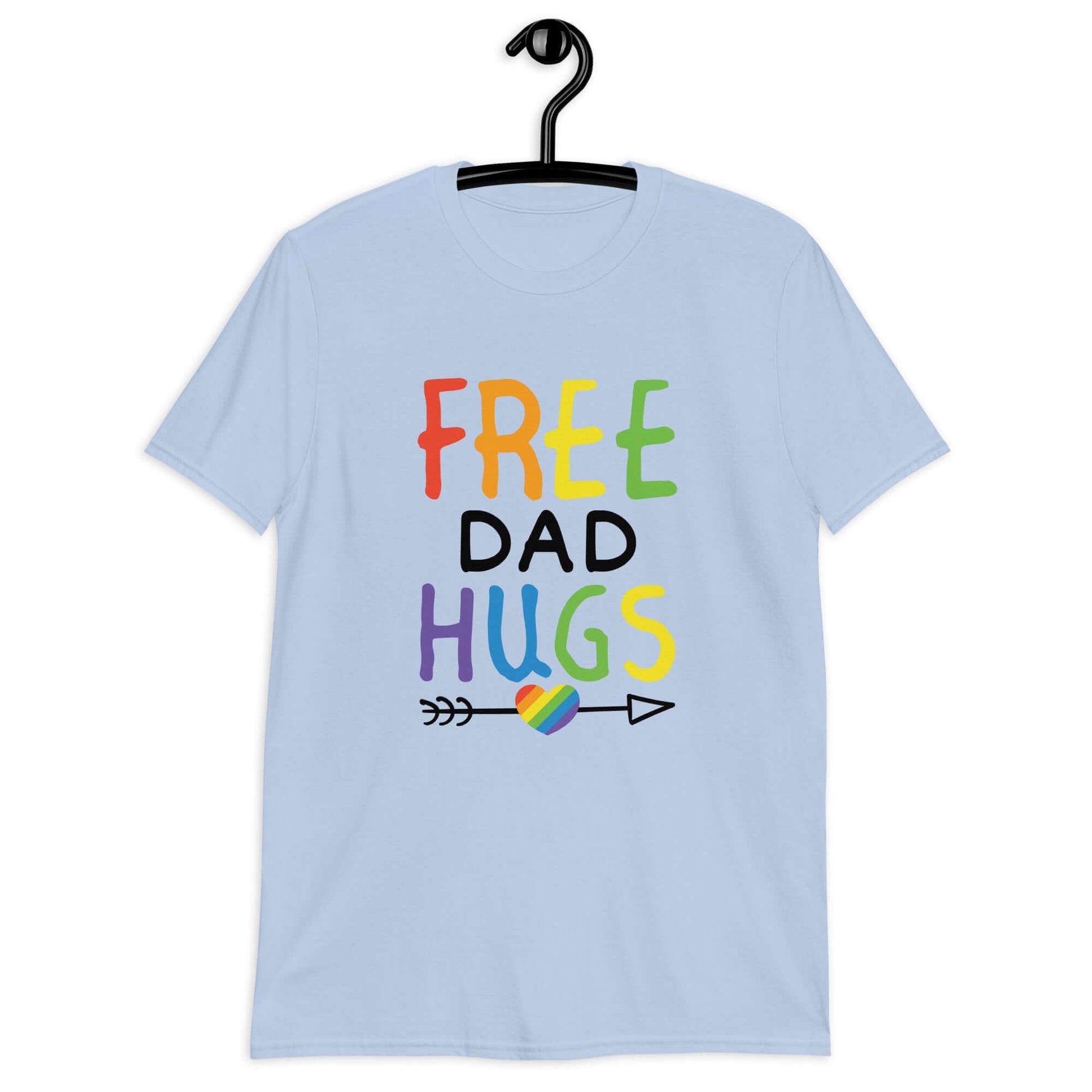 Light blue t-shirt with the words Free Dad hugs printed on the front in rainbow letters.