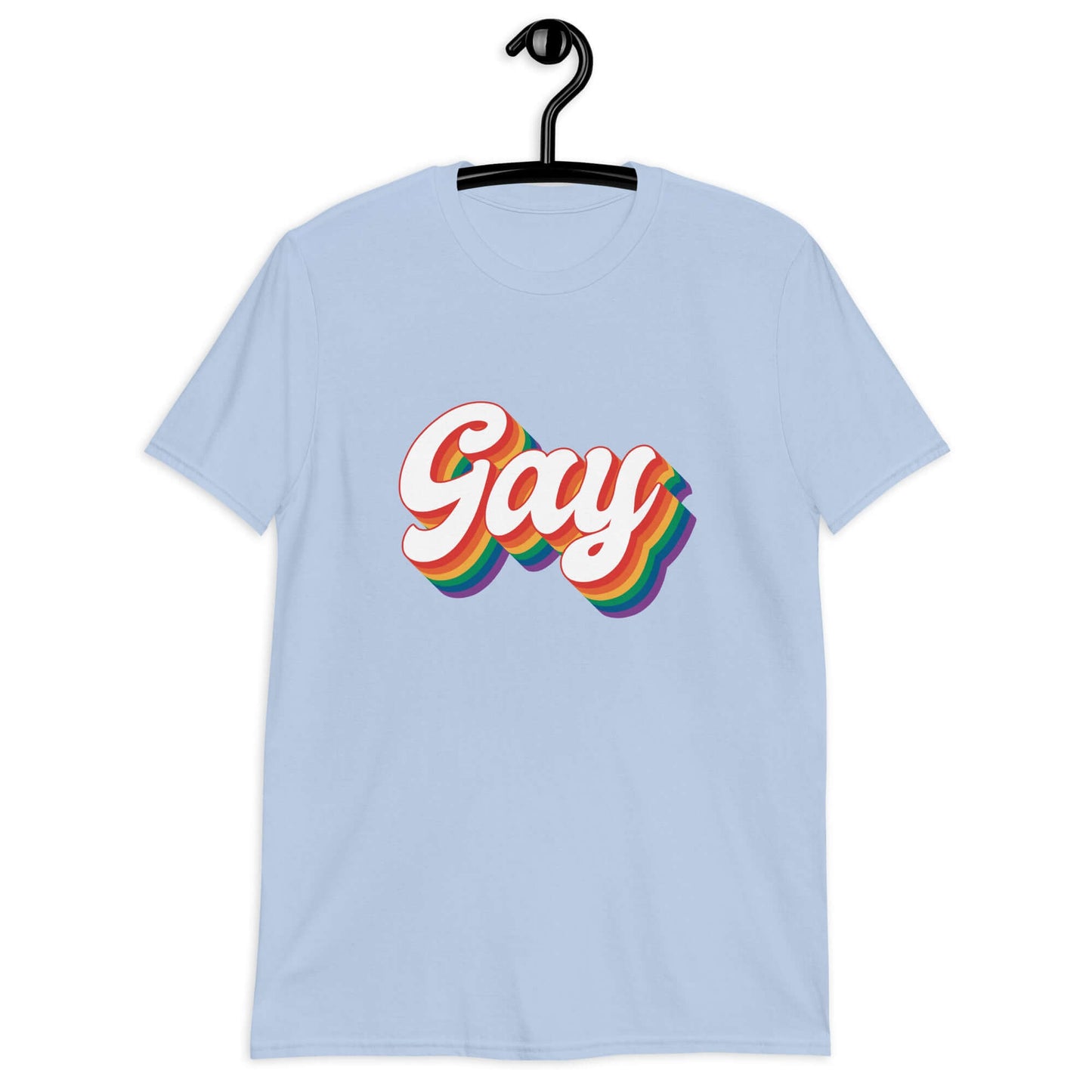 Light blue t-shirt with the word Gay printed on the front. The word gay is outlined in rainbow.