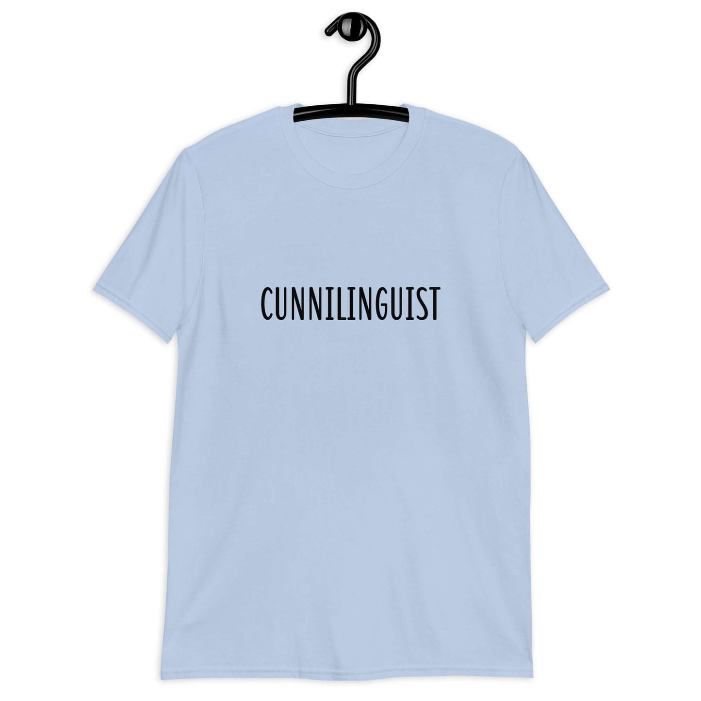 Light blue t-shirt with the word Cunnilinguist printed on the front.