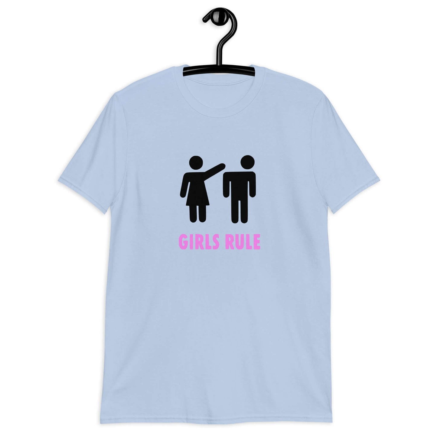 Light blue t-shirt with an image of a stick figure man and woman. The stick woman is punching the stick mans head off and the words Girls rule is printed beneath in hot pink. The graphics are printed on the front of the shirt.