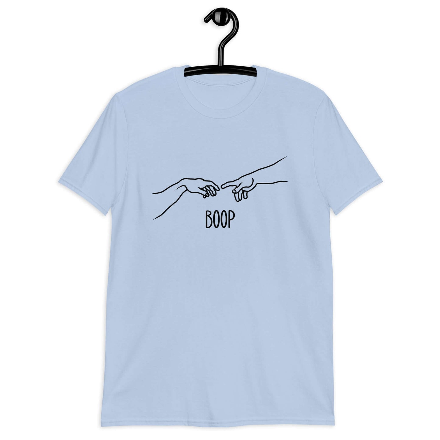 Light blue t-shirt with line drawing hands reaching out and touching in the center like they in the famous art creation of Adam. The word Boop is printed underneath.