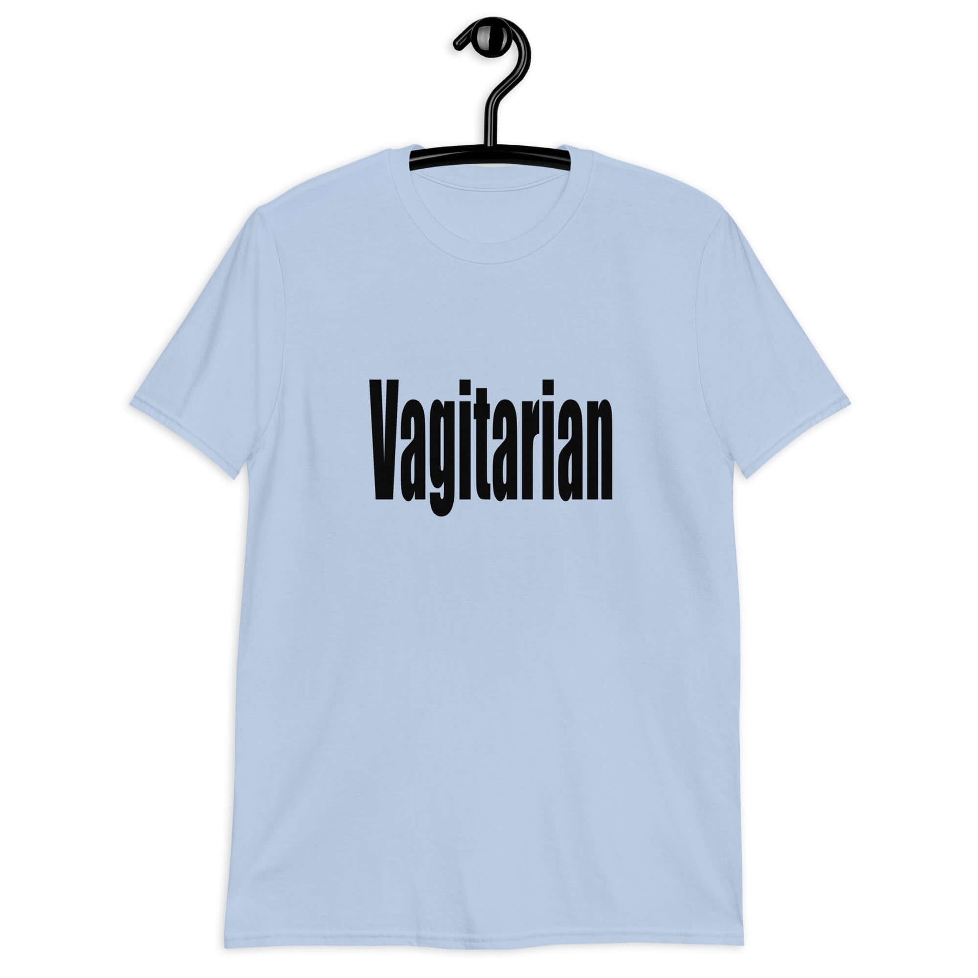 Light blue t-shirt with the word Vagitarian printed on the front.