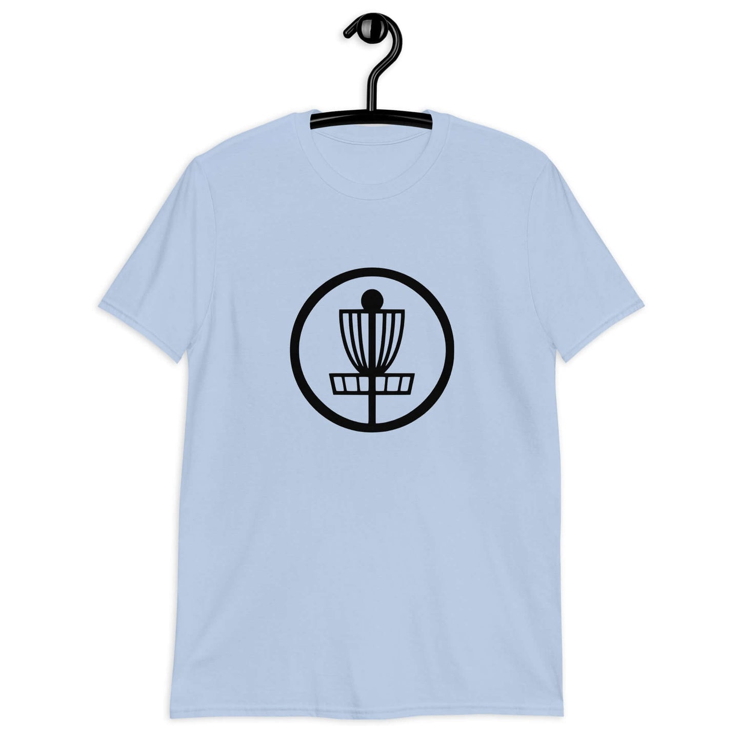 Light blue t-shirt with an image of disc golf basket silhouette with a circle around it printed on the front.