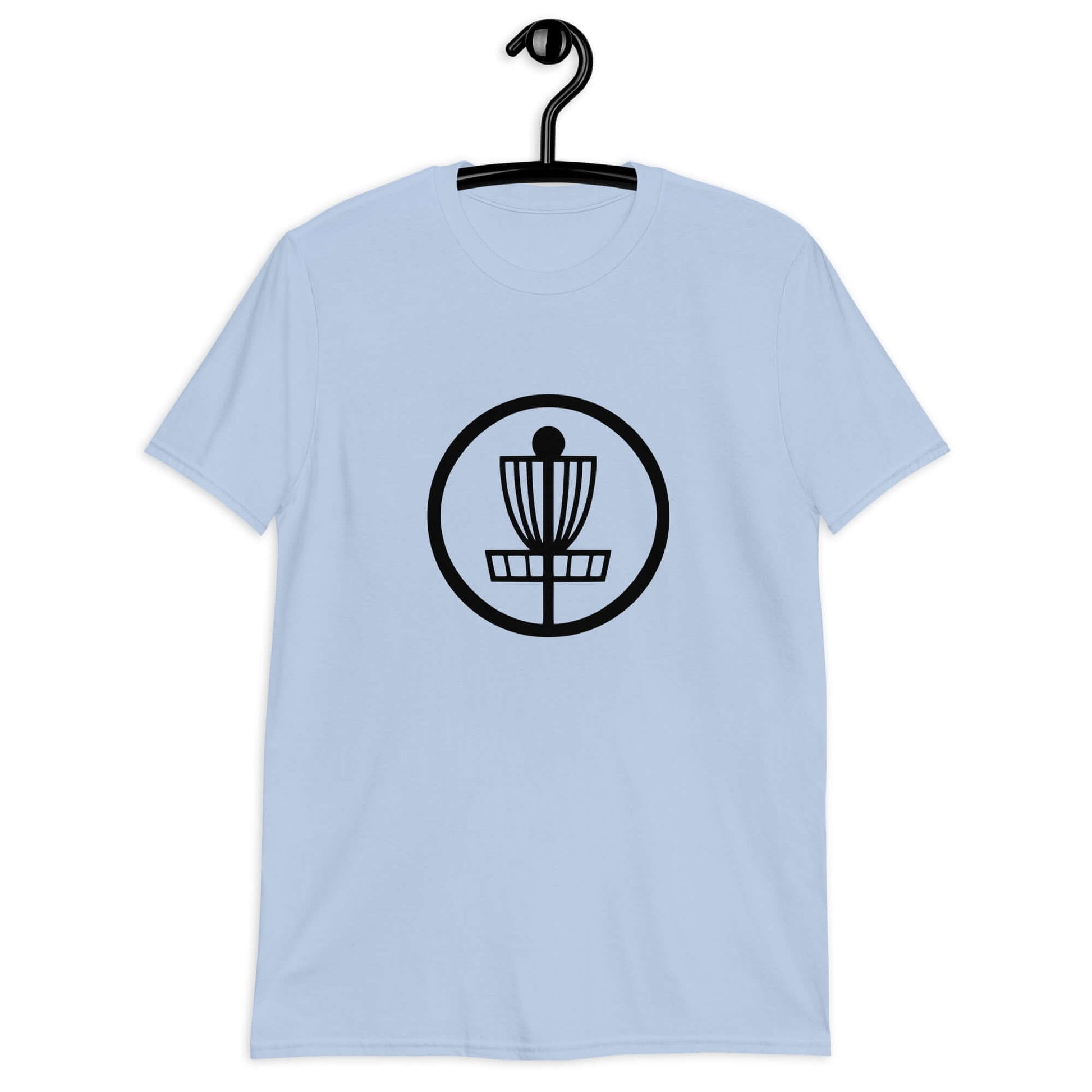 Light blue t-shirt with an image of disc golf basket silhouette with a circle around it printed on the front.