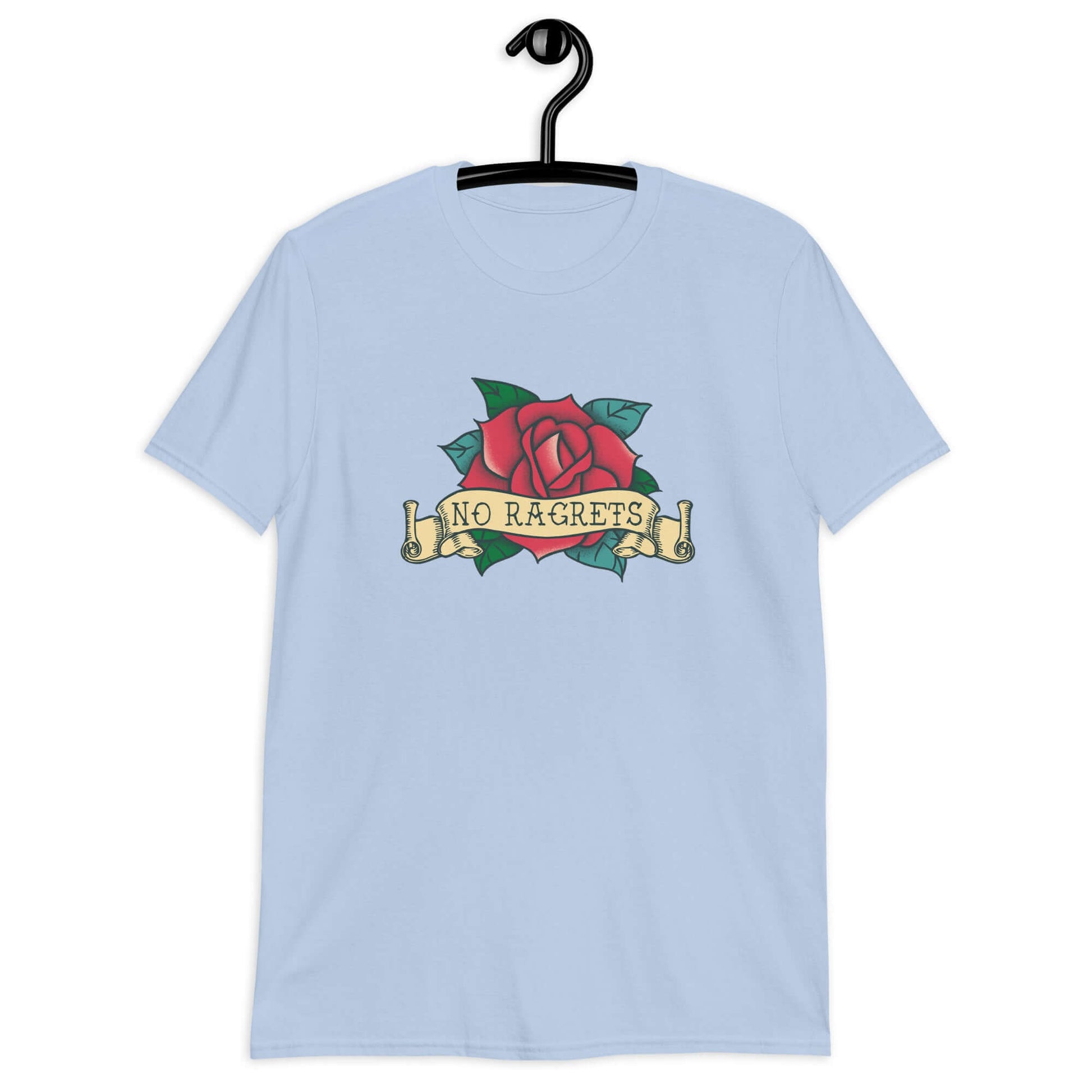 Light blue t-shirt with a funny image of an old school rose flash tattoo & the words no ragrets. The word regrets is intentionally misspelled.