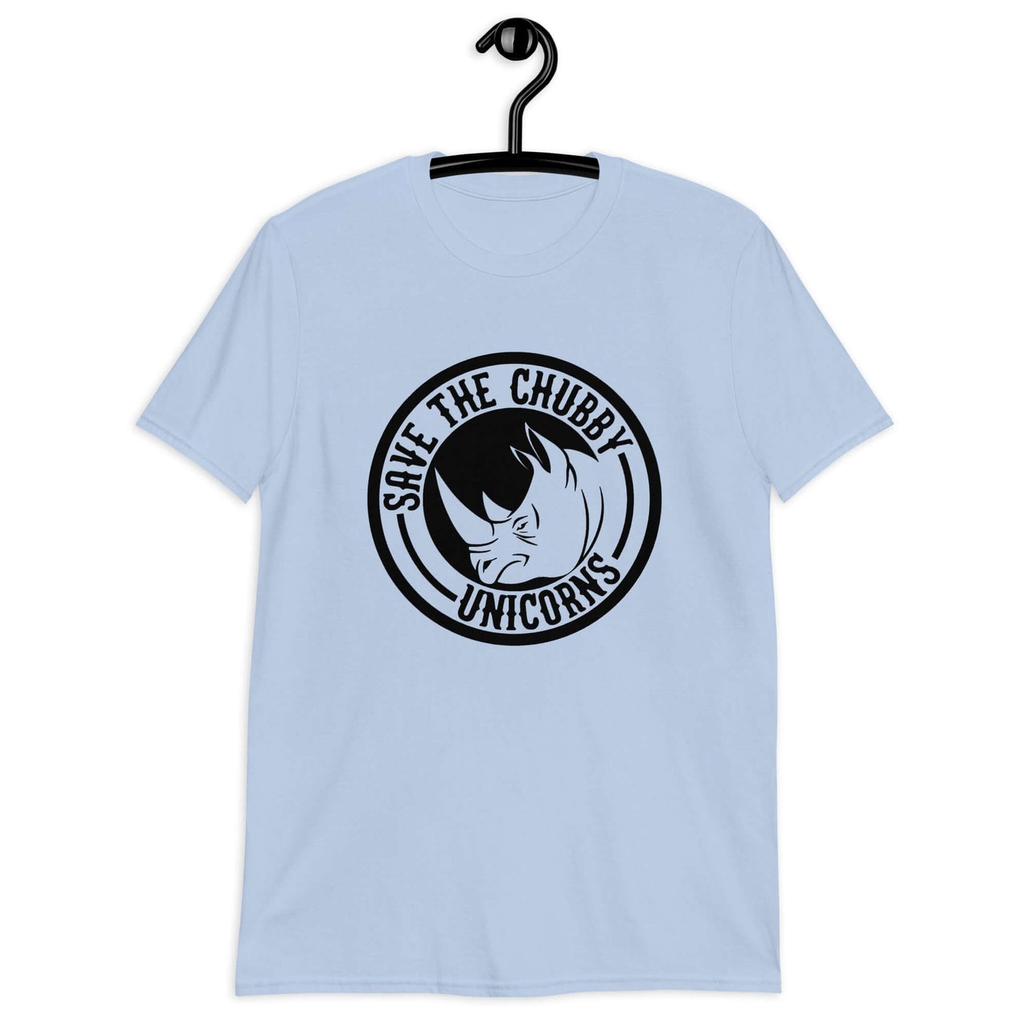 Light blue t-shirt with a funny graphic of a rhinoceros & the words Save the chubby unicorns printed on the front.