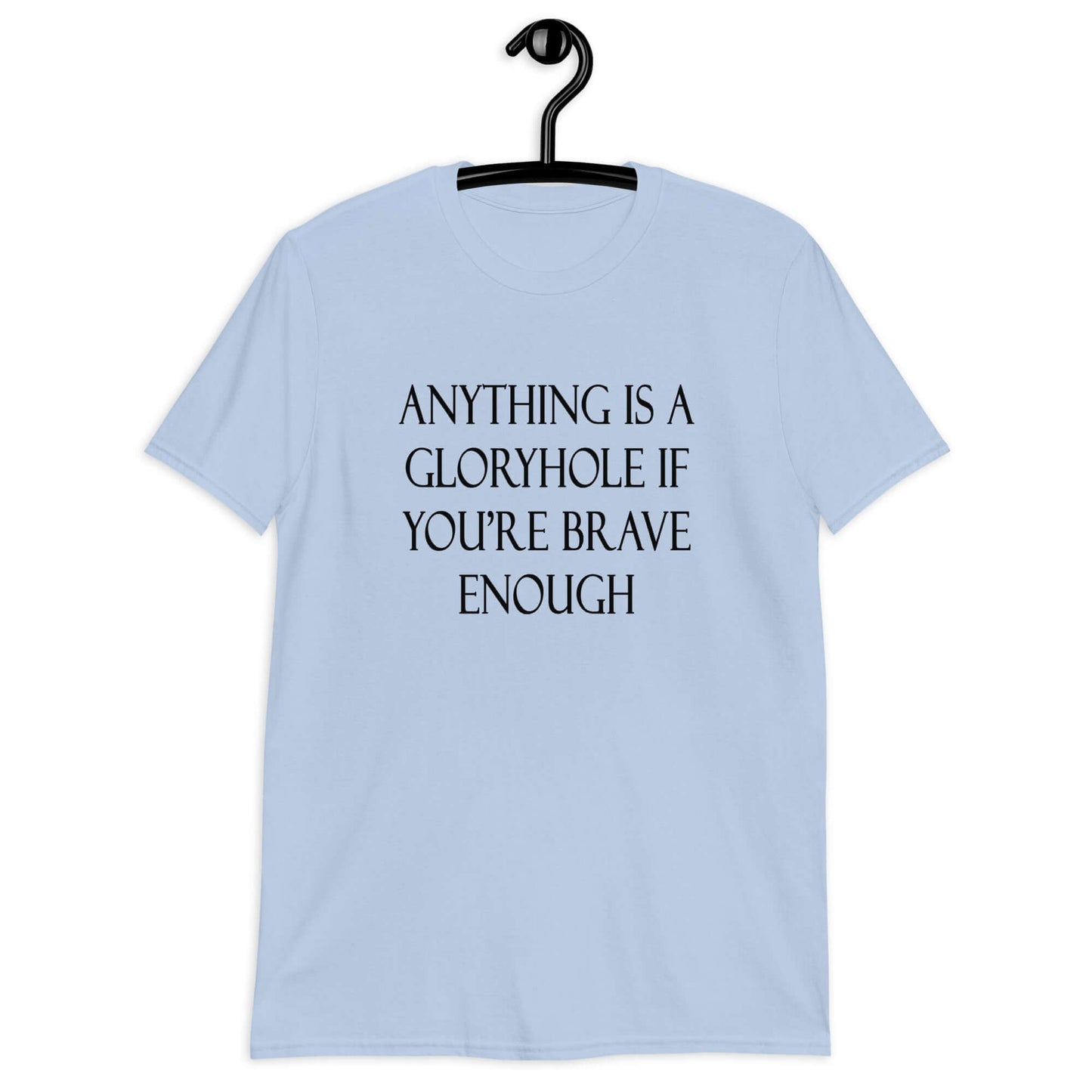 Light blue t-shirt with the phrase Anything is a gloryhole if you're brave enough printed on the front.