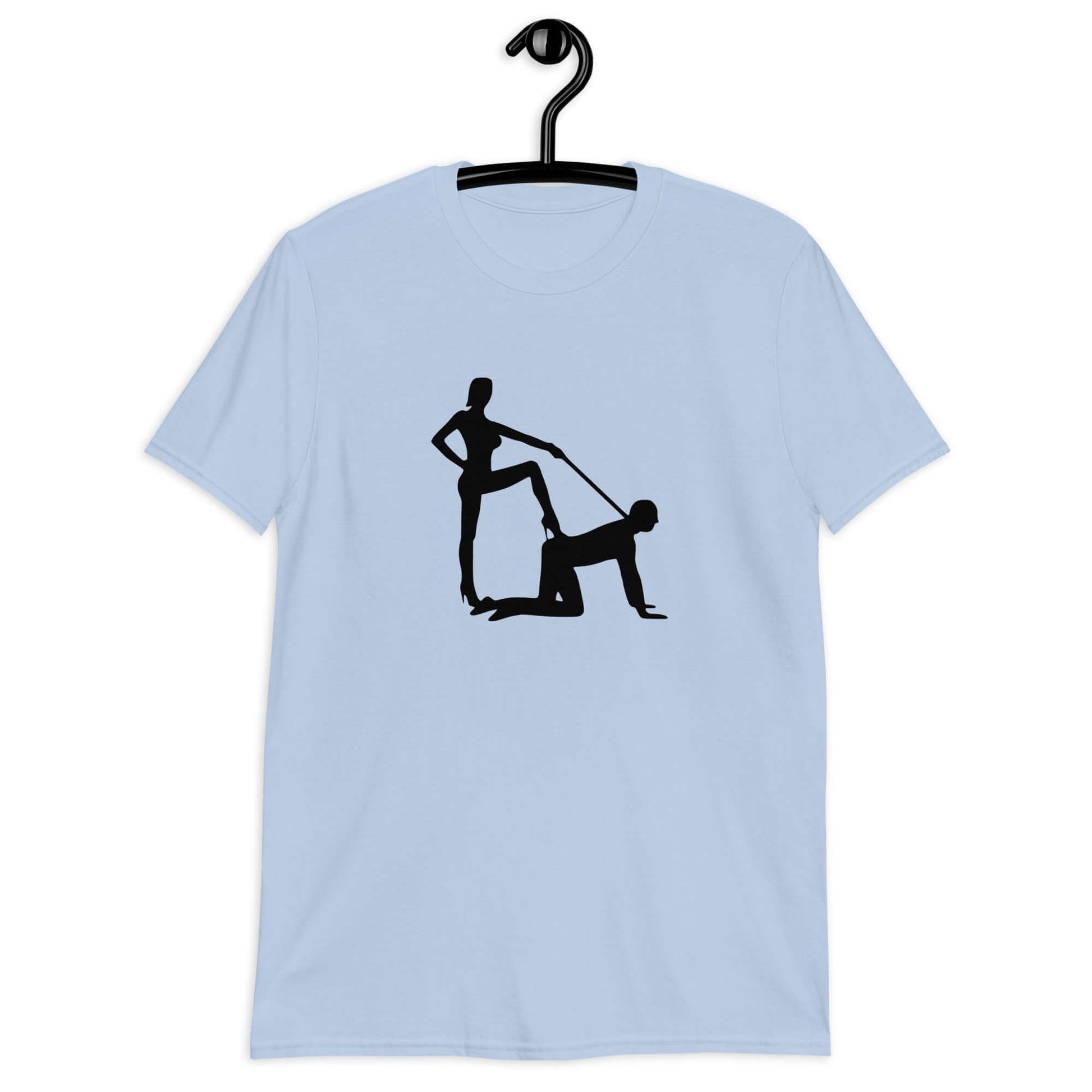 Light blue t-shirt with the image of a silhouette of a man on his hands and knees and a dominatrix holding his leash printed on the front.