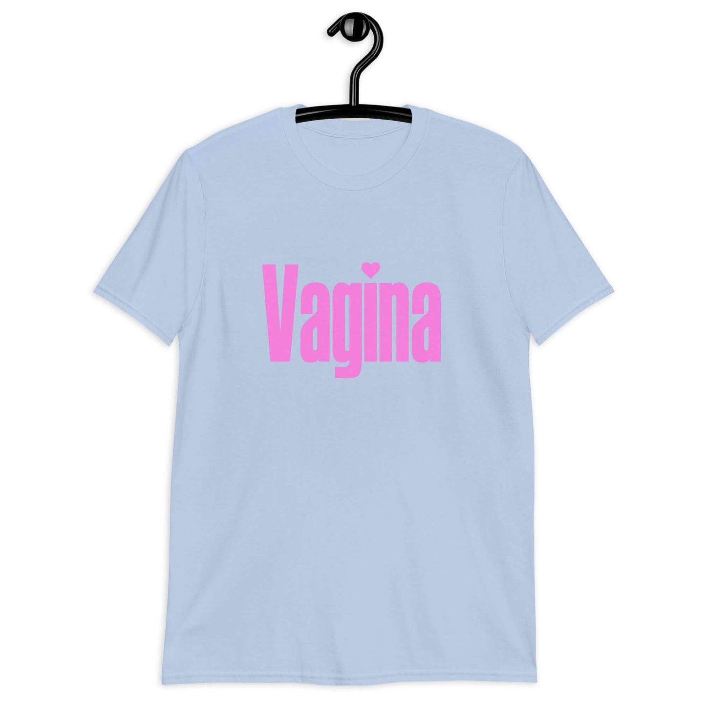 Light blue t-shirt with the word Vagina printed on the front. The word vagina is in pink color text.