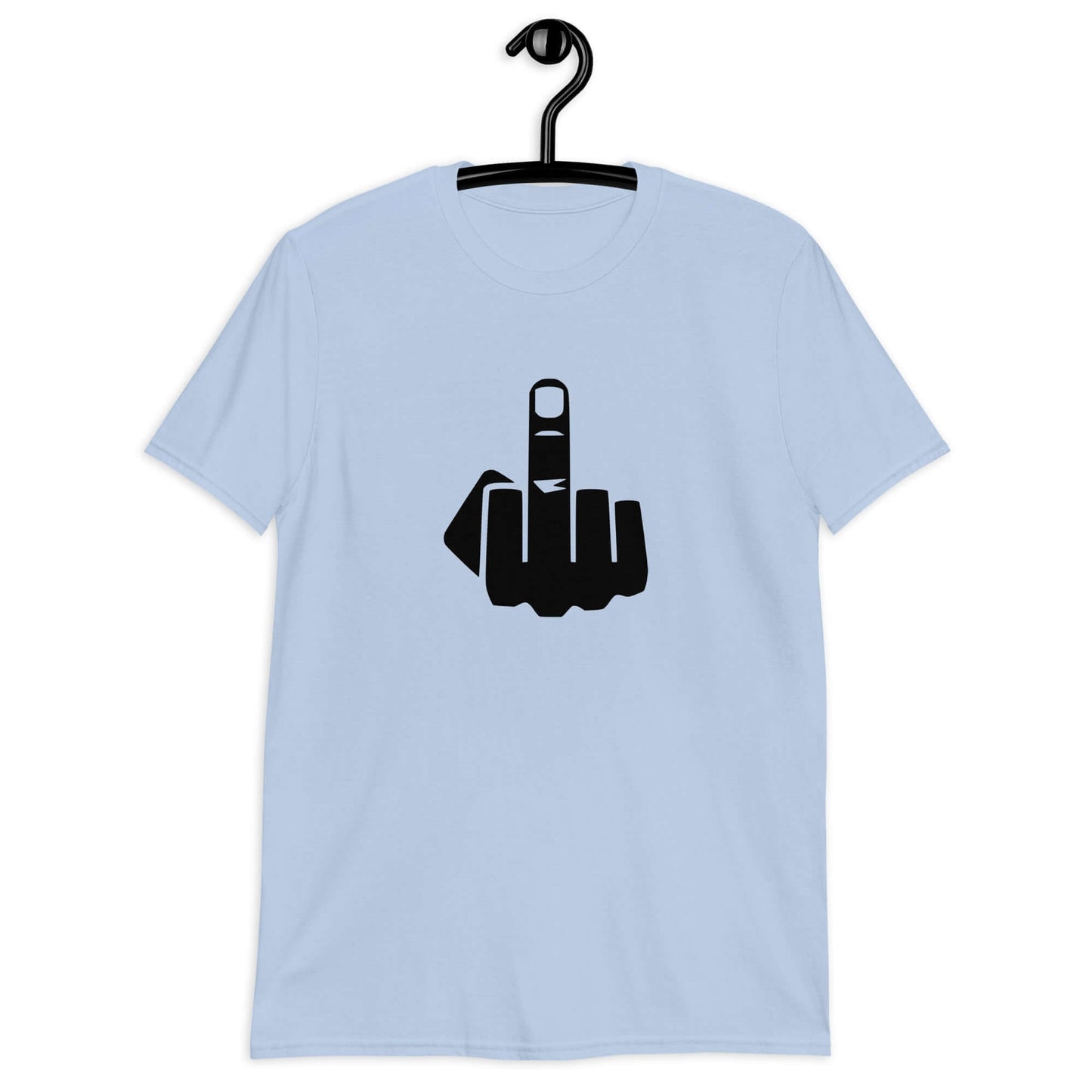 Light blue t-shirt with an image of middle finger silhouette printed on the front.