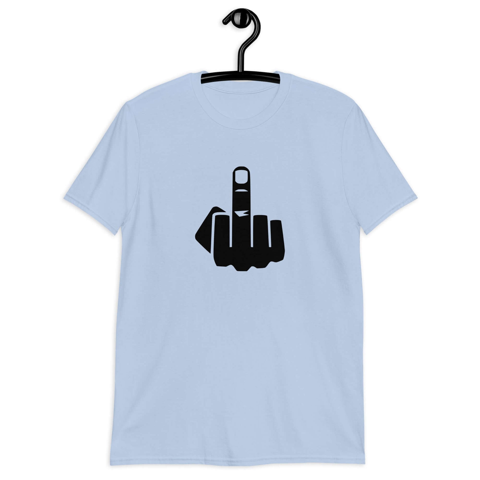 Light blue t-shirt with an image of middle finger silhouette printed on the front.