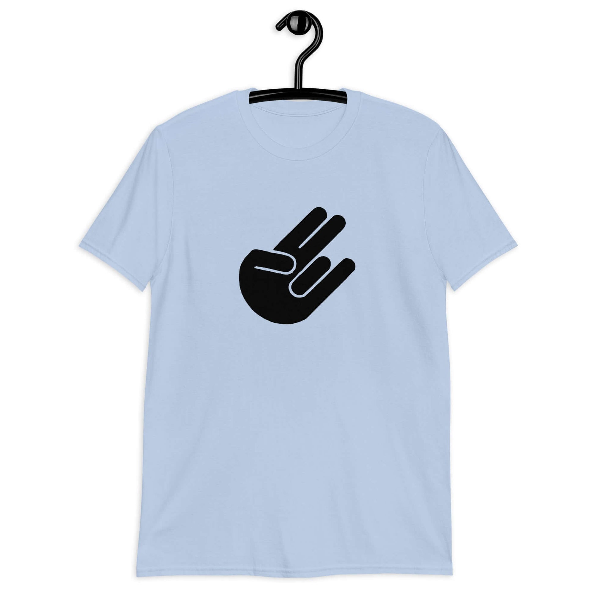 Light blue t-shirt with the universal symbol for The Shocker printed on the front.