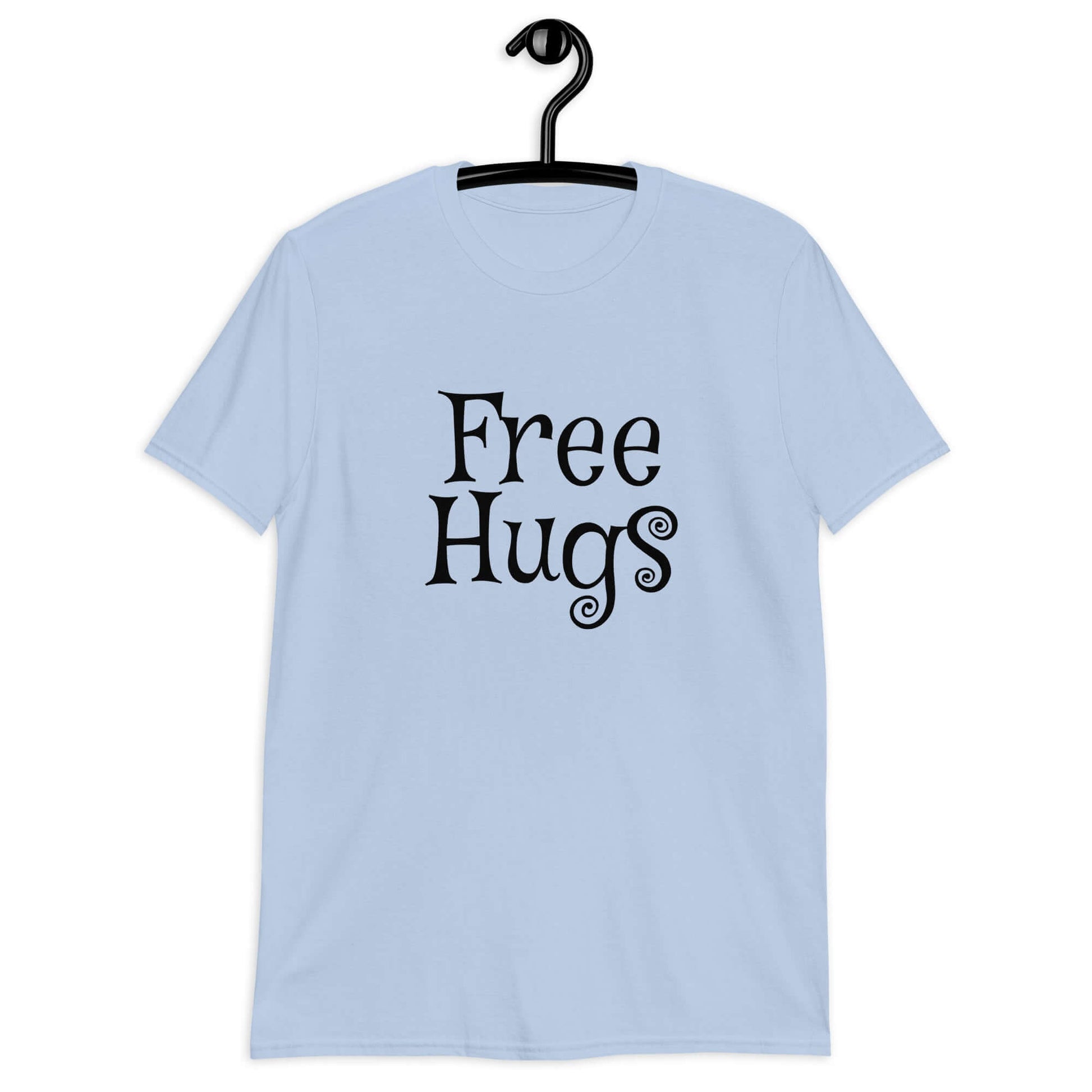 Light blue t-shirt with the words Free Hugs printed on the front.