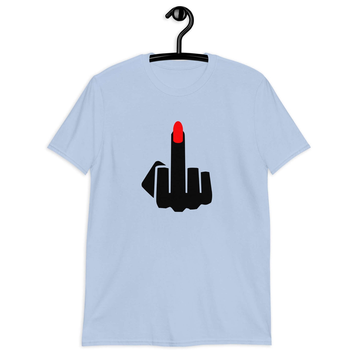 Light blue t-shirt with an image of a middle finger with long red fingernail silhouette printed on the front.