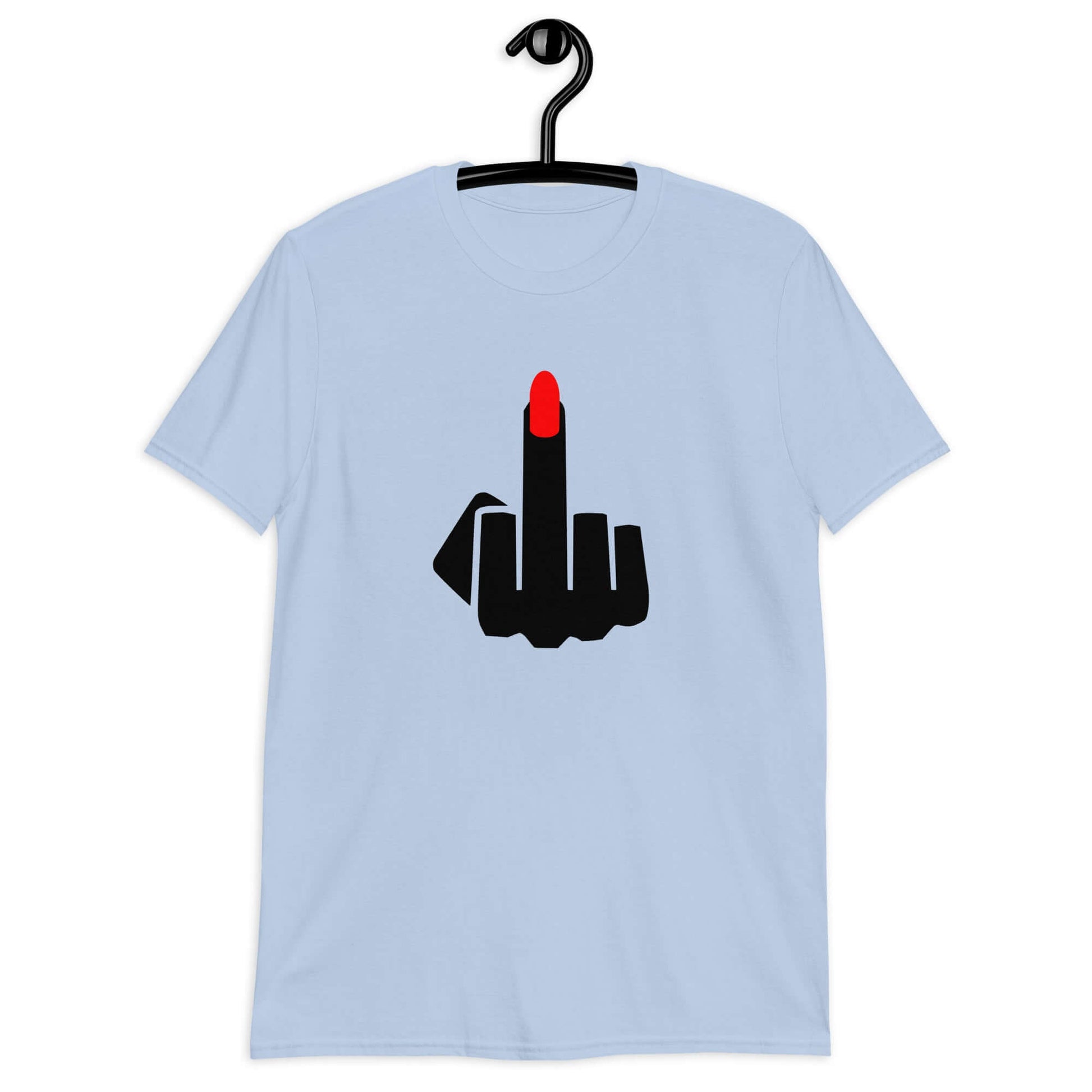 Light blue t-shirt with an image of a middle finger with long red fingernail silhouette printed on the front.