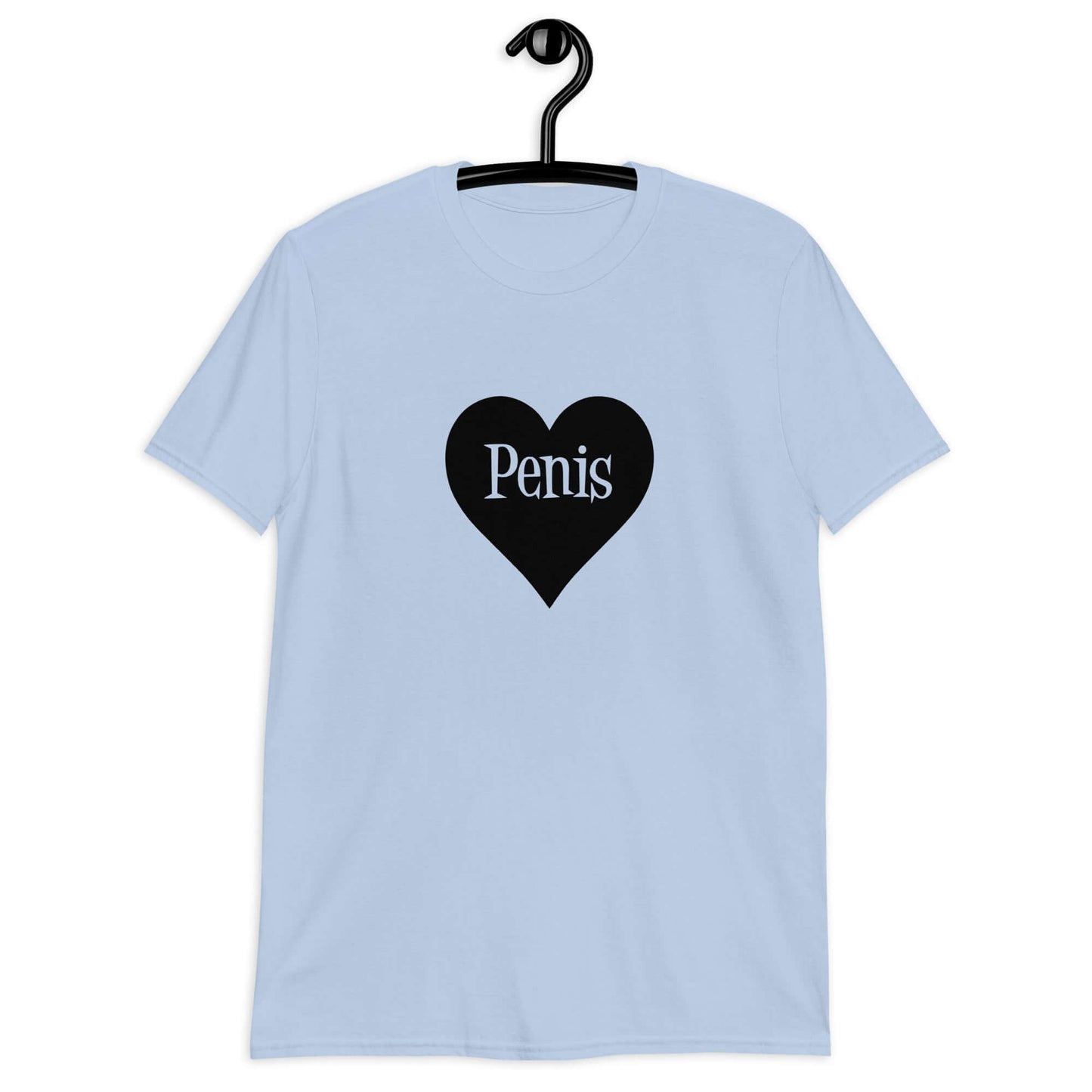 Light blue t-shirt with a heart image printed on the front. The word penis is inside the heart