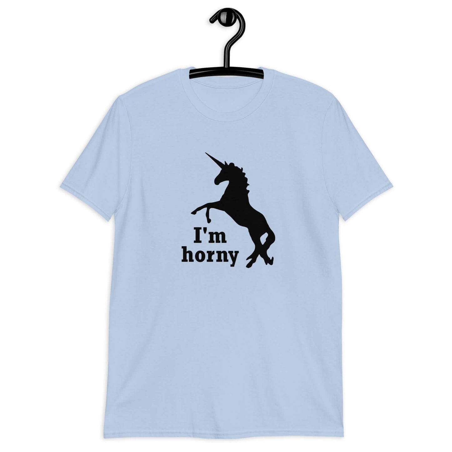 Light blue t-shirt with an image of the silhouette of a unicorn and the words I'm horny printed on the front.