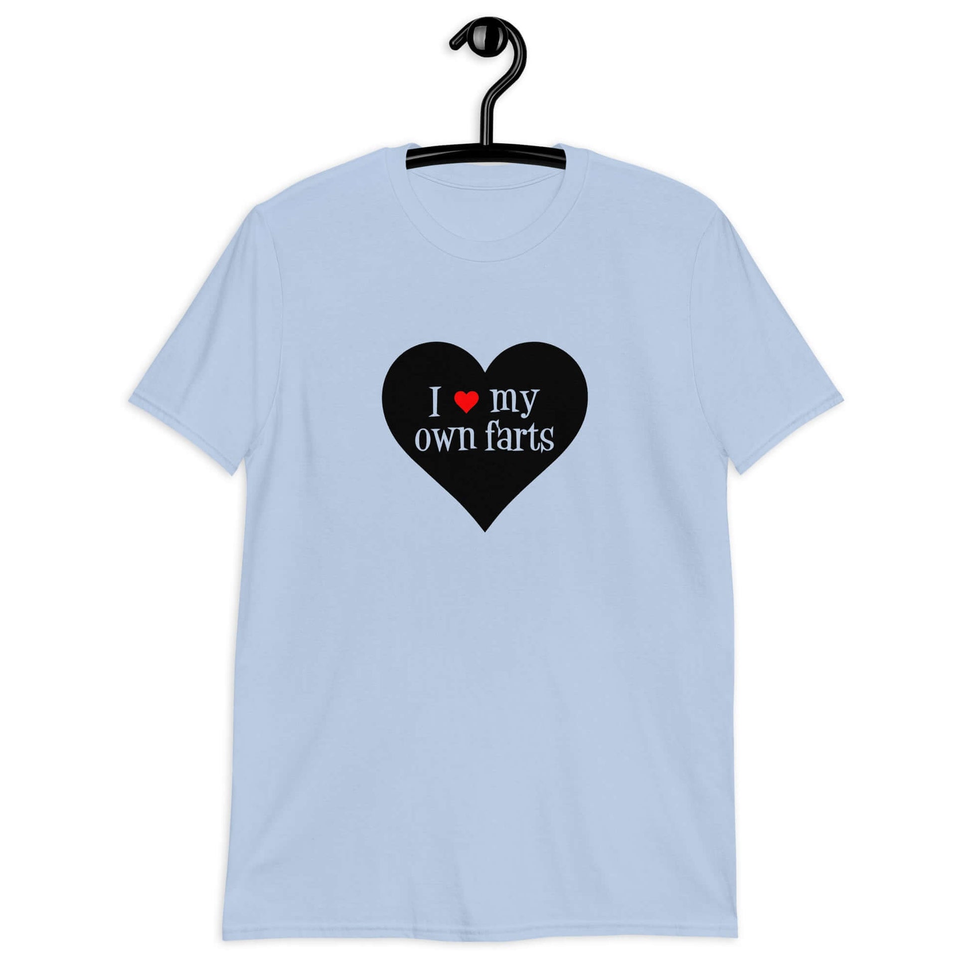 Light blue t-shirt with I heart my own farts printed on the front. The words are printed inside of a larger heart image.