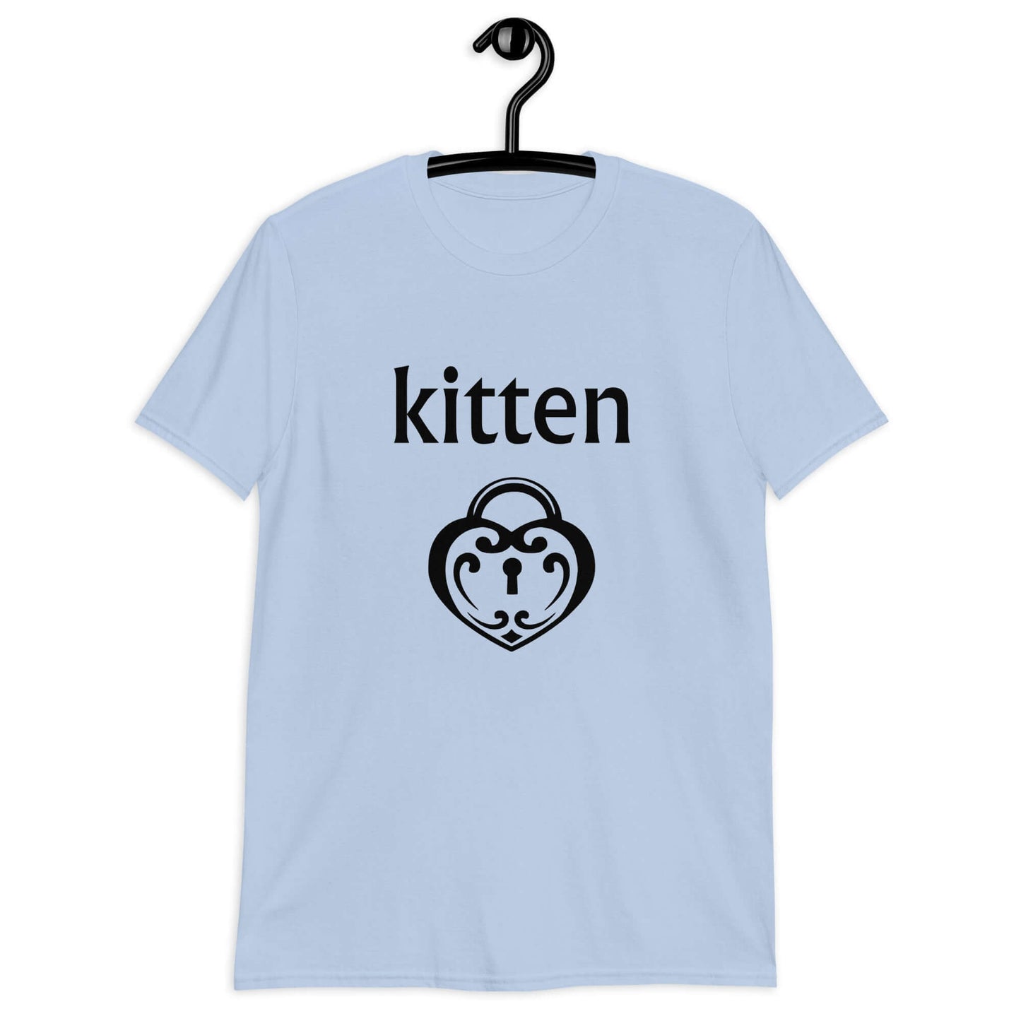 Light blue t-shirt with an image of a heart shaped lock and the word kitten printed on the front.