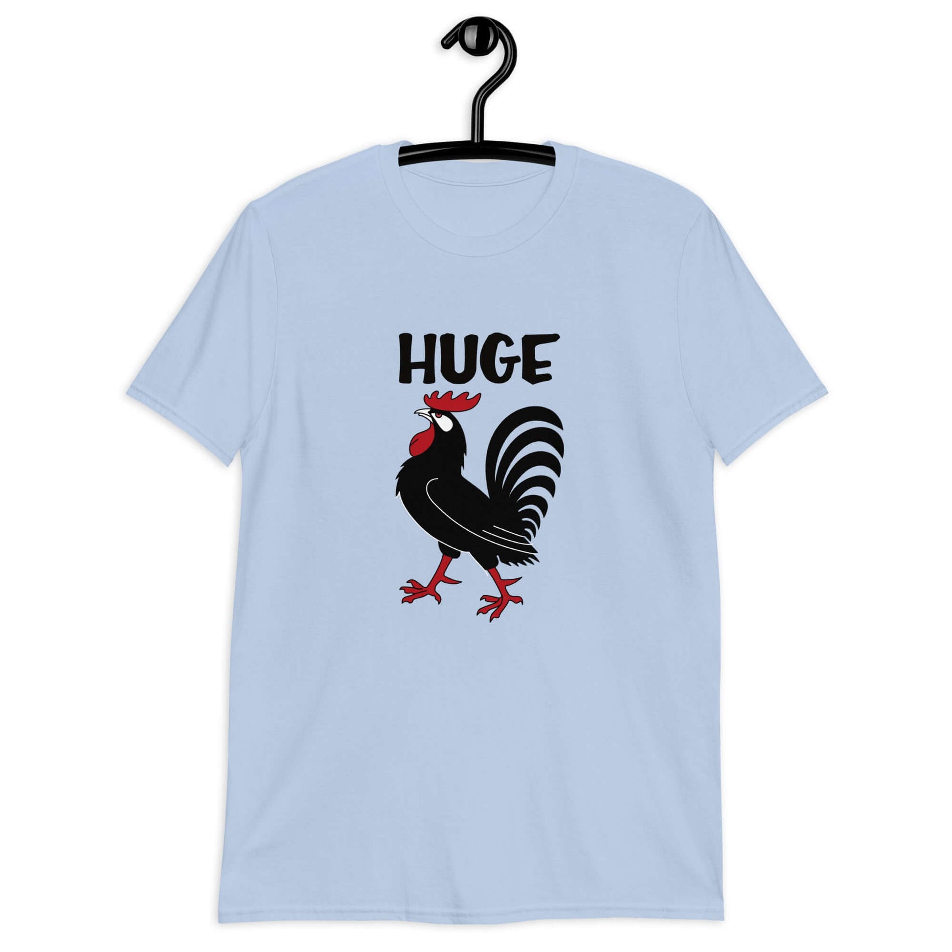 Light blue t-shirt with an image of a rooster and the word Huge above the rooster printed on the front.