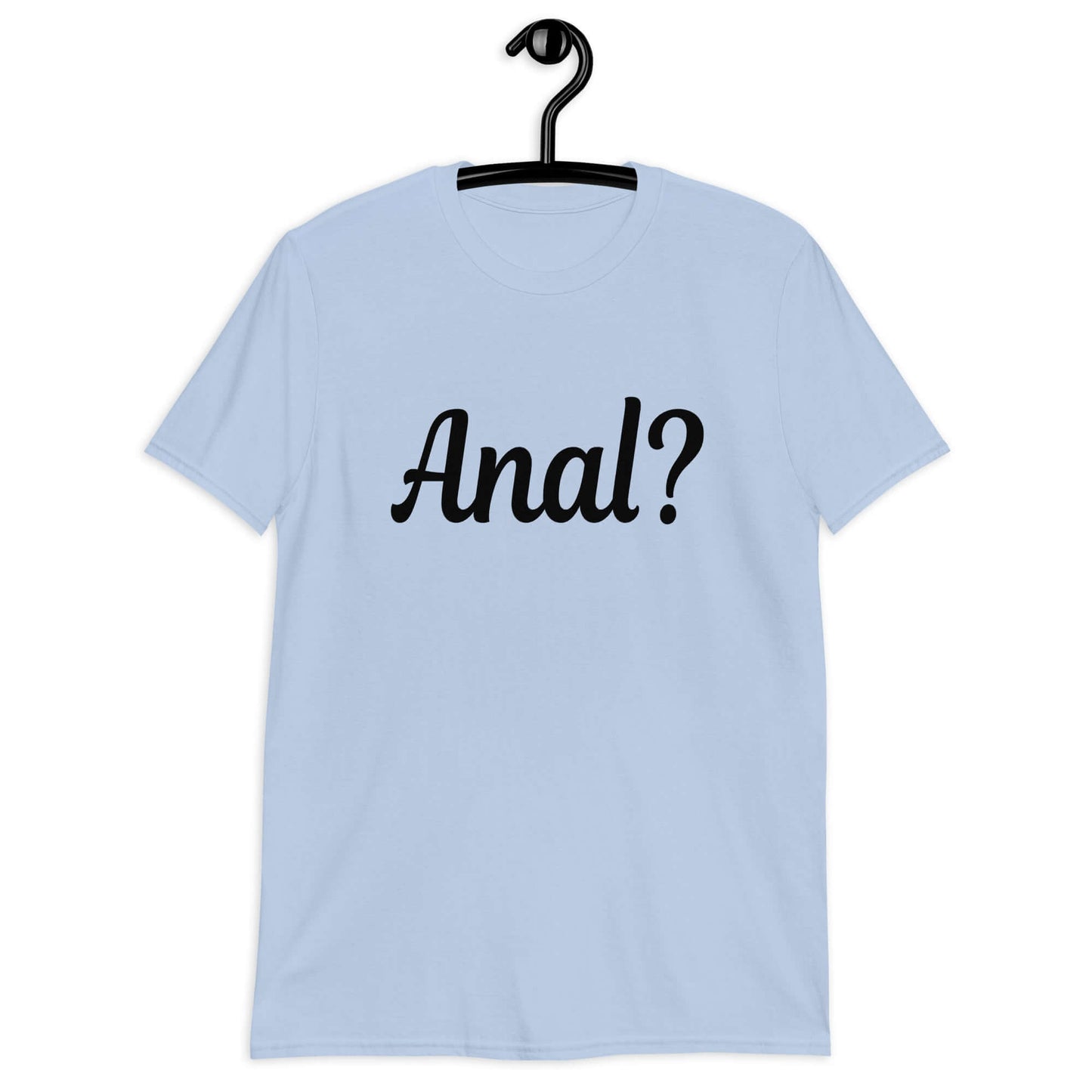 Light blue t-shirt with the word Anal with a question mark printed on the front.