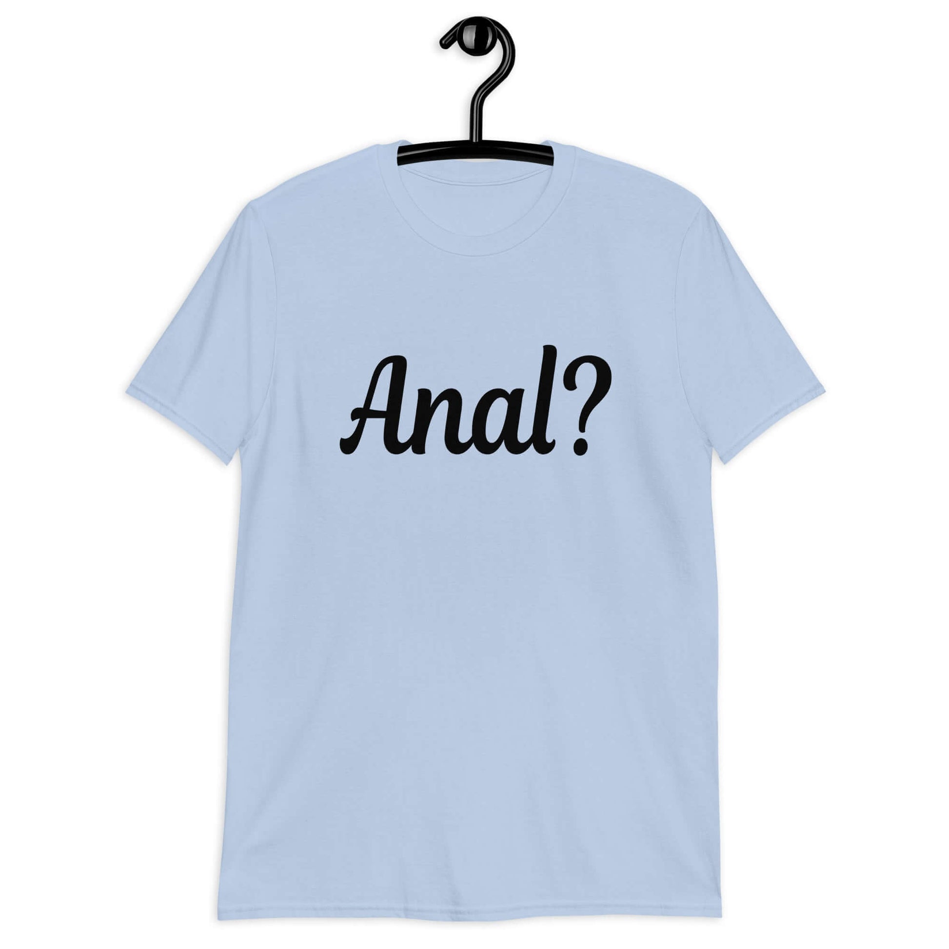 Light blue t-shirt with the word Anal with a question mark printed on the front.