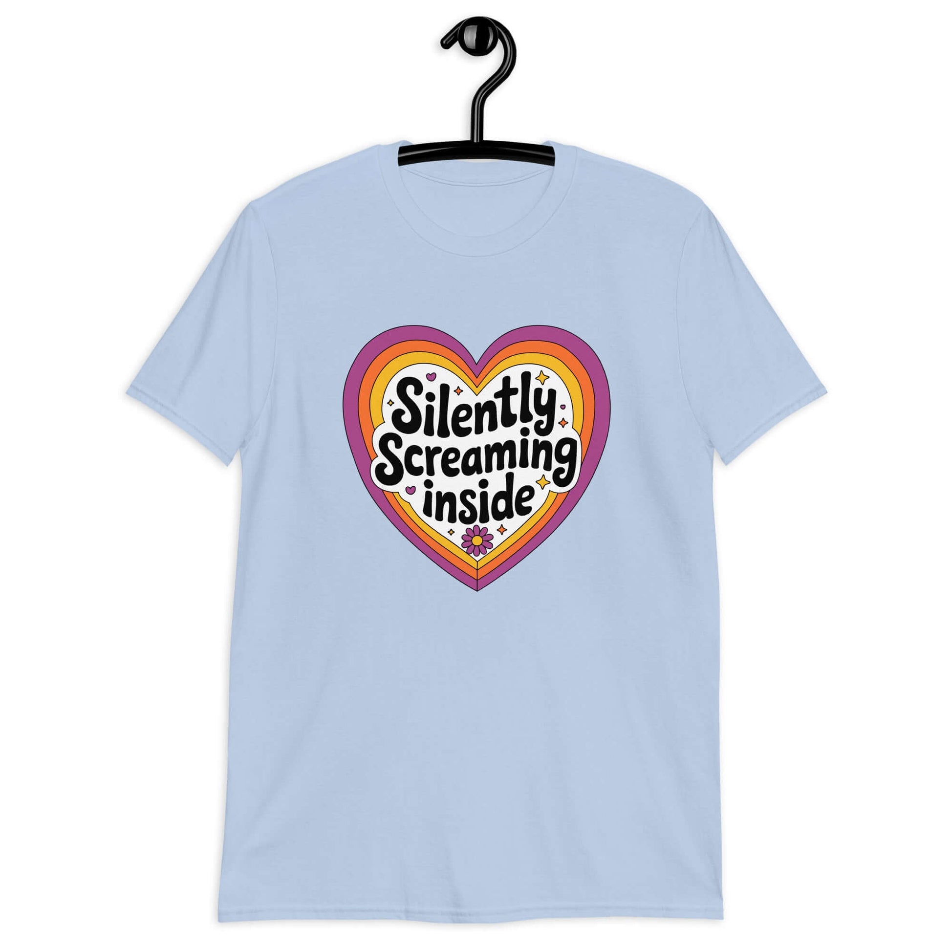 Light blue t-shirt with a graphic that says Silently screaming inside. The graphics are printed on the front of the shirt.