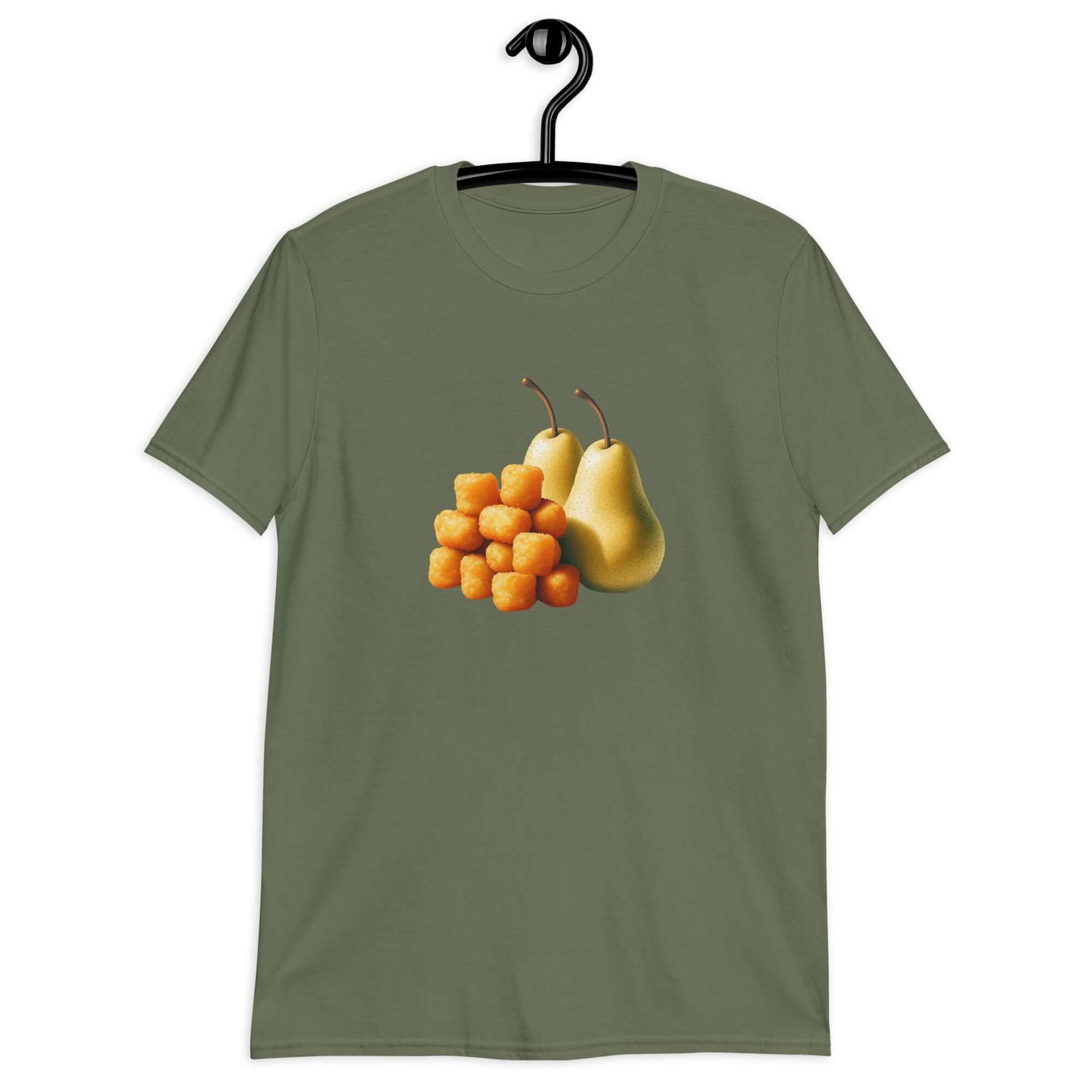 Military green t-shirt with an image of tater tots and two pears printed on the front.