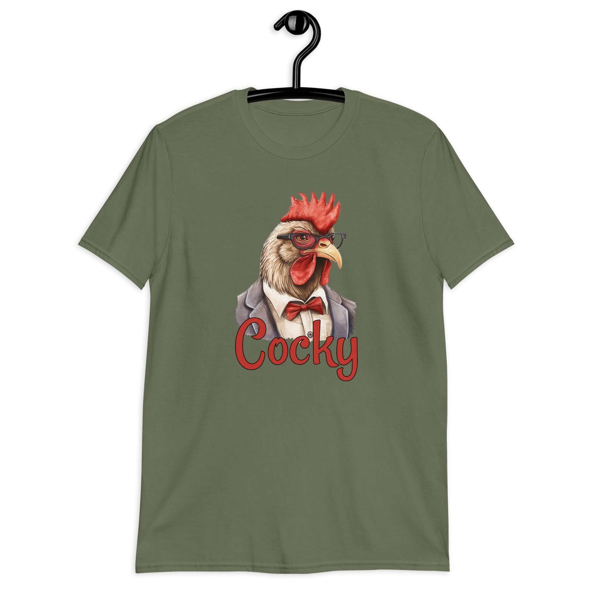 Military green t-shirt with image of a rooster and the word Cocky printed on the front.