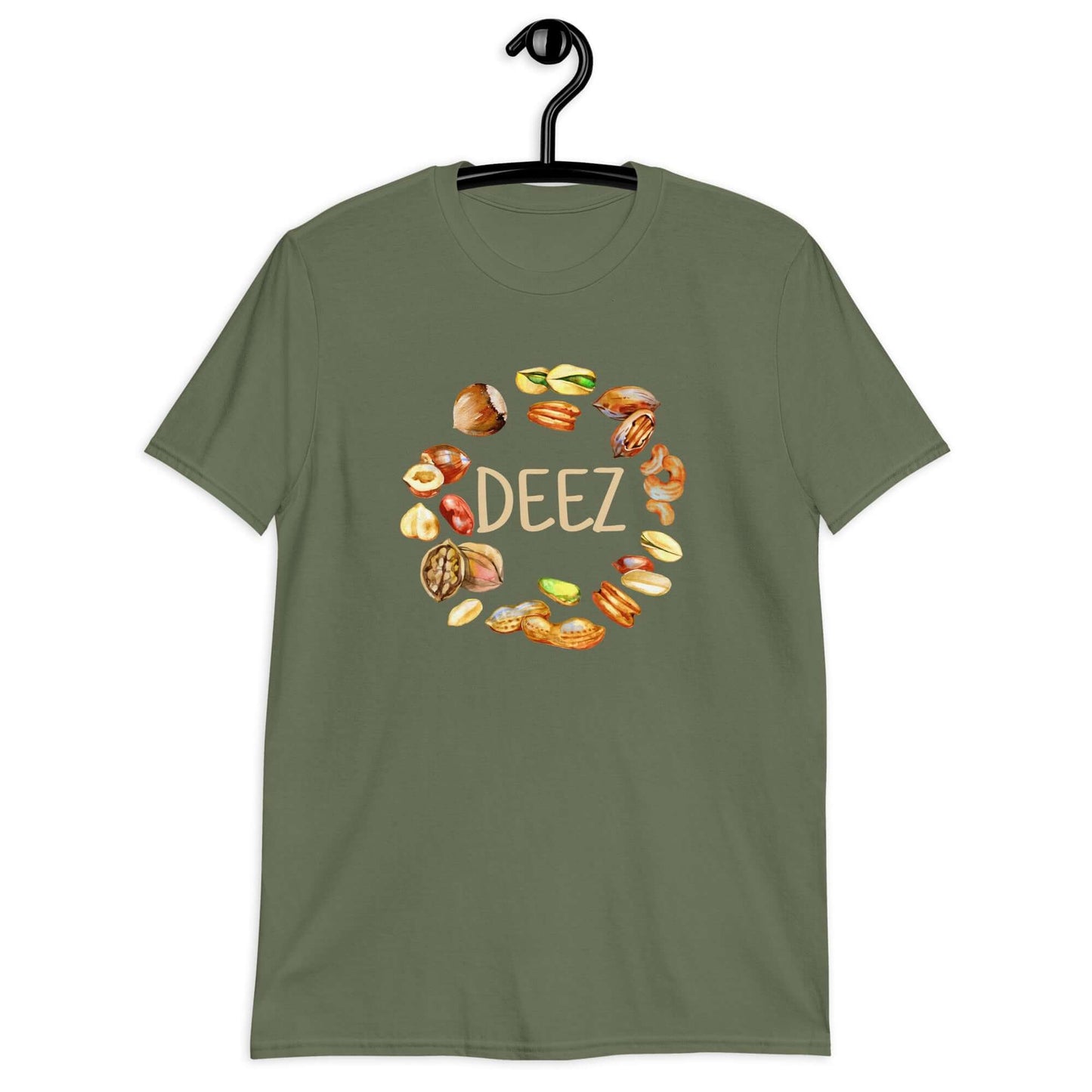 Military green t-shirt with an image of various nuts and the word Deez printed on the front.,