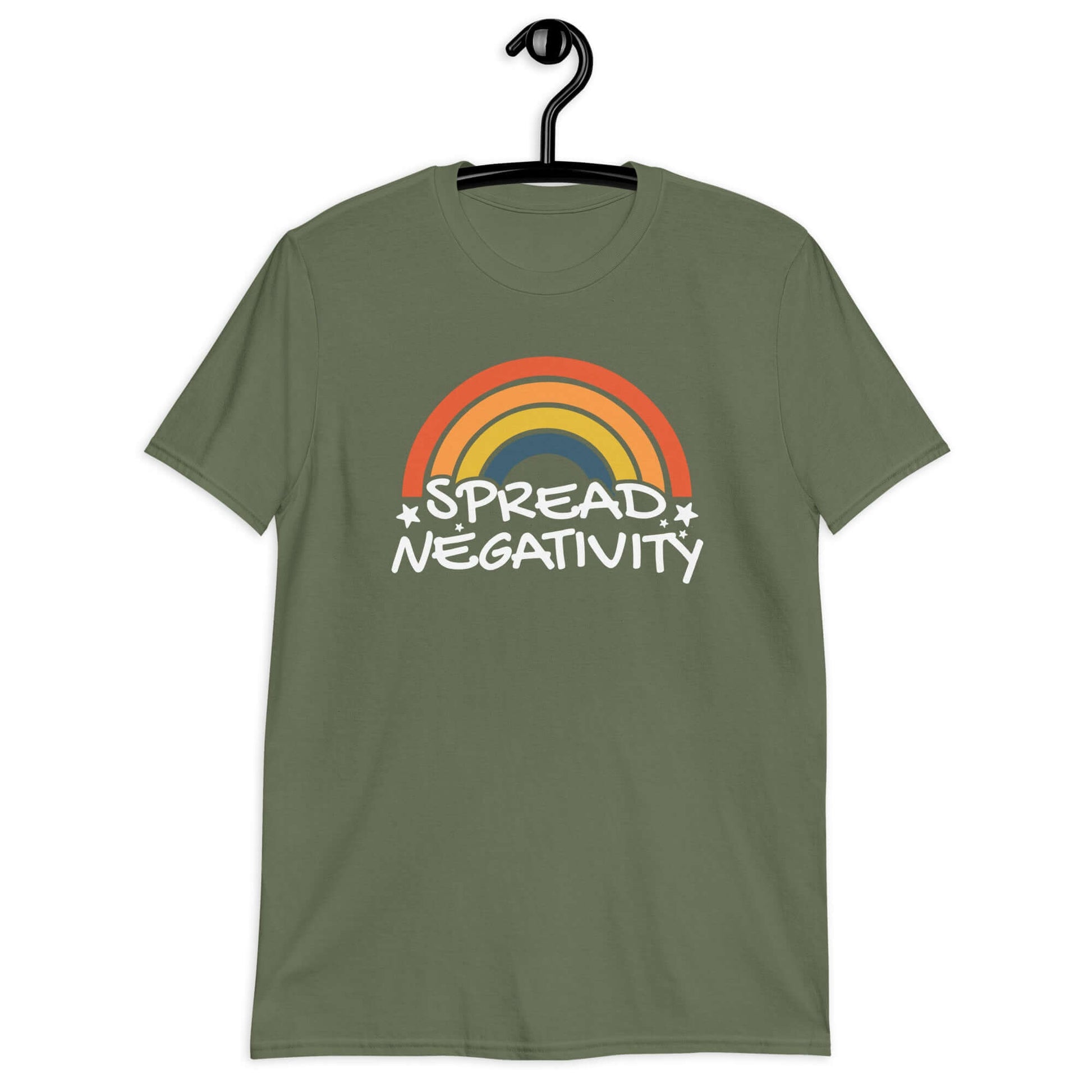 Military green t-shirt with a graphic of a rainbow and the words Spread negativity printed on the front.