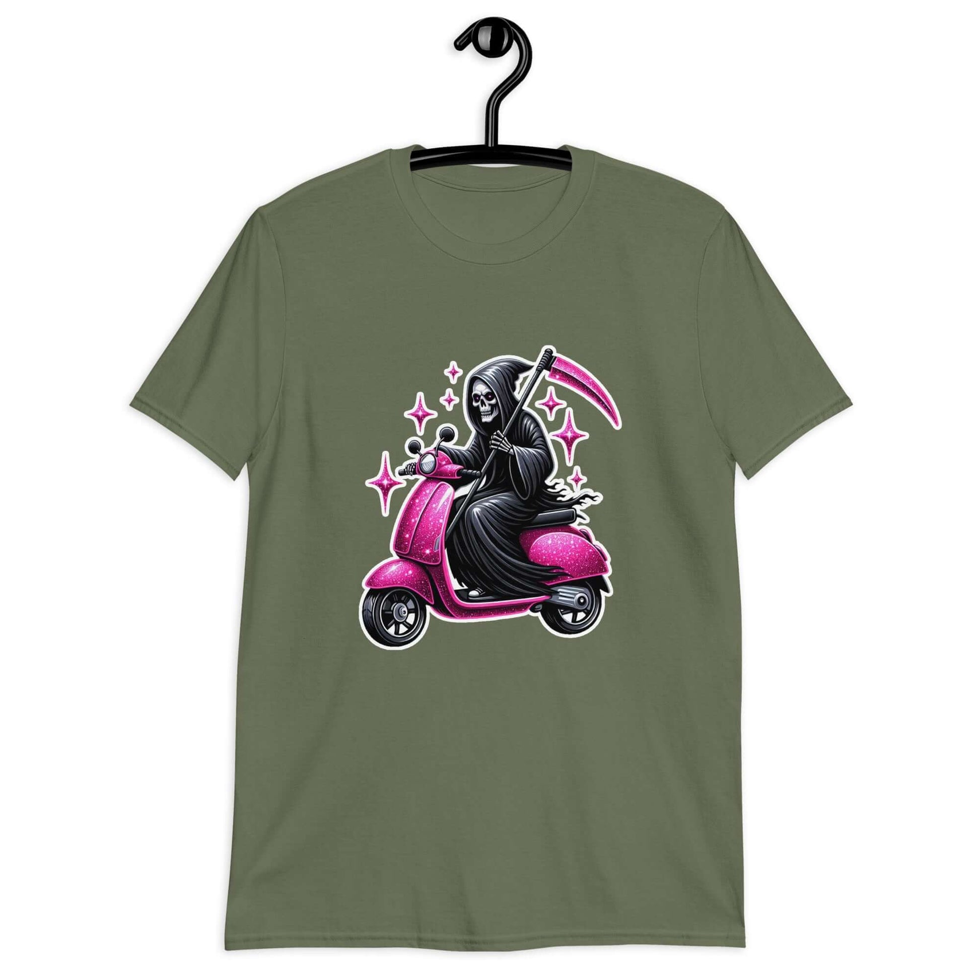 Military green t-shirt with an image of the Grim Reaper riding on a glam pink scooter printed on the front.