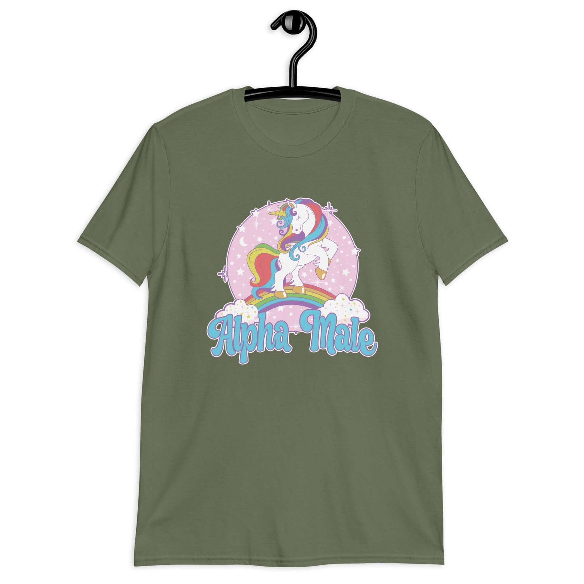 Military green t-shirt with funny pastel rainbow unicorn graphics and the words Alpha Male printed on the front.