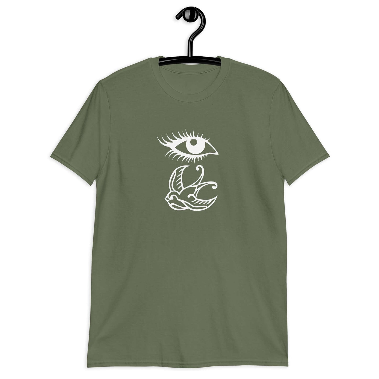 Military green t-shirt with outline drawing of an eye and a swallow bird printed on the front.