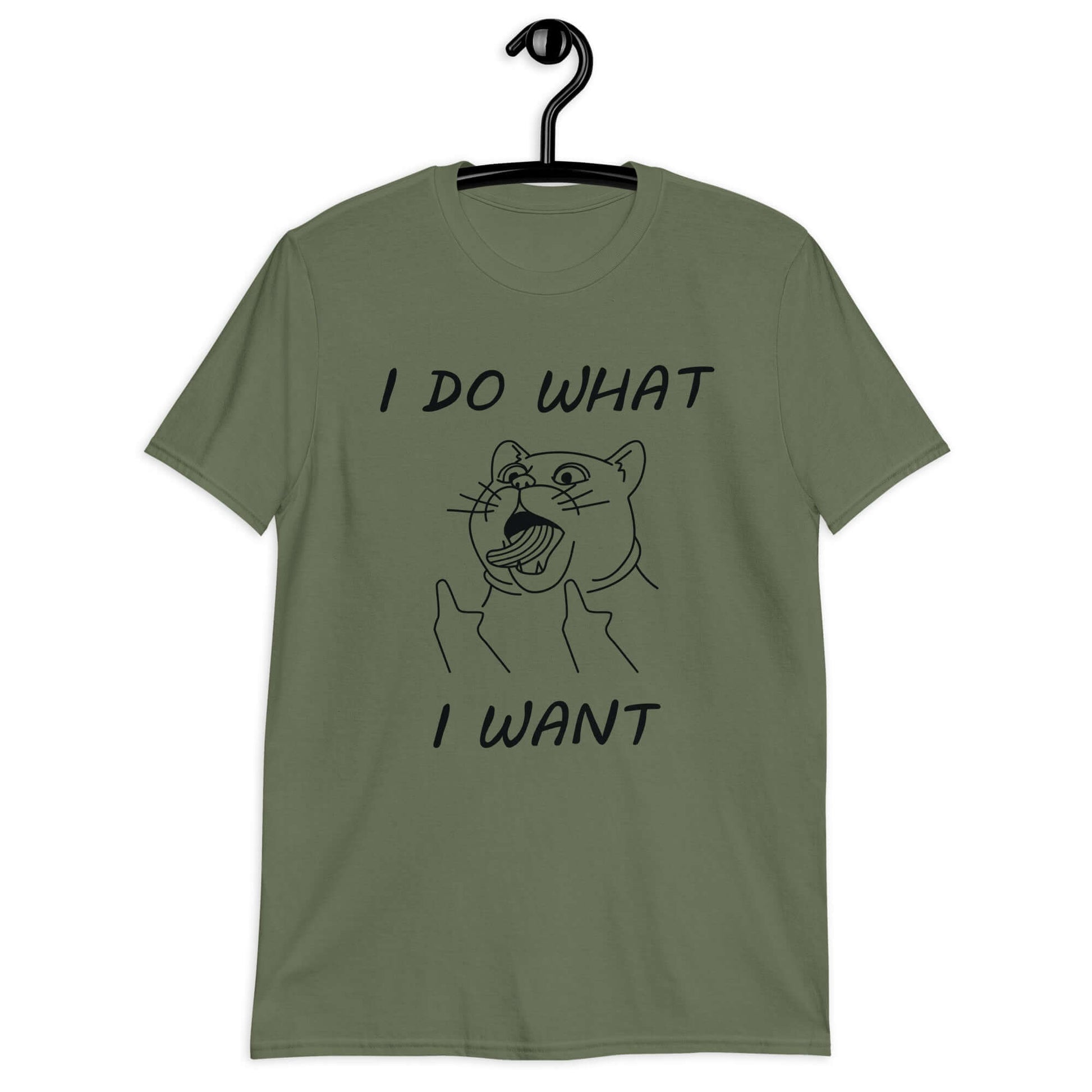 Military green t-shirt with cat flipping middle fingers and the words I do what I want printed on the front.