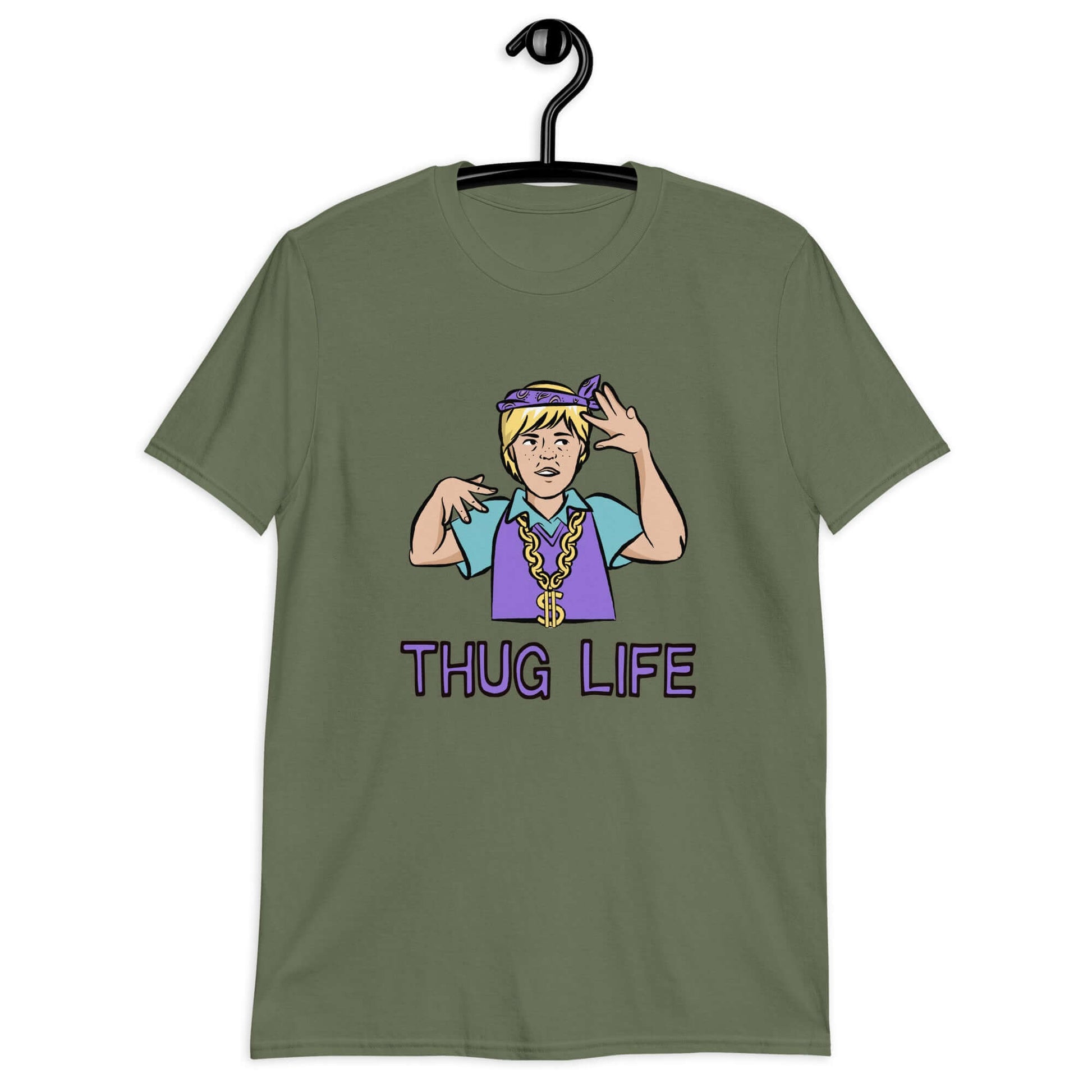 Military green t-shirt with a parody image of a blond haired child trying to be a gangster with the words Thug Life printed on the front.