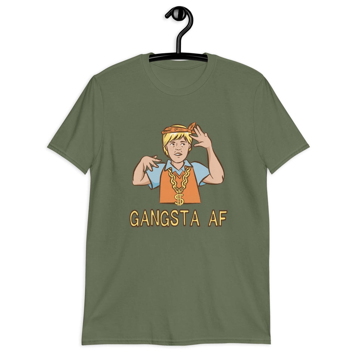 Military green t-shirt with a parody image of a blond haired child trying to be a gangster with the words Gangsta AF printed on the front.