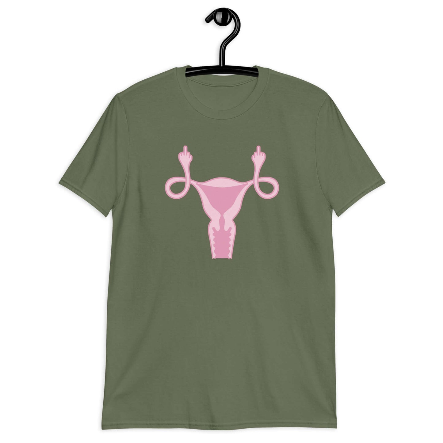 Military green t-shirt with image of a pink uterus flipping middle finger graphic printed on the front.