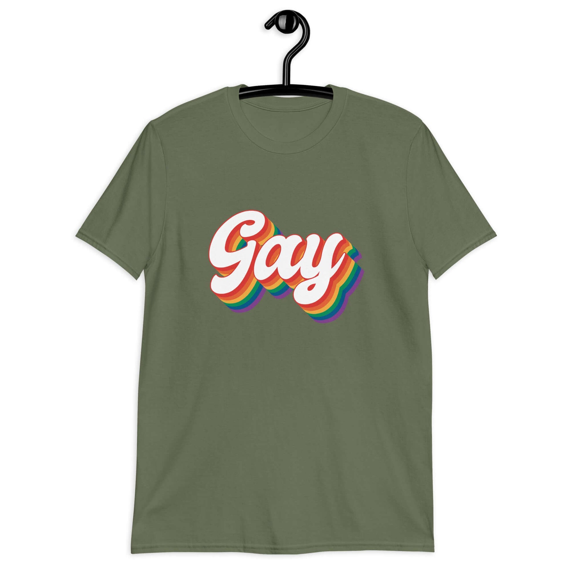 Military green t-shirt with the word Gay printed on the front. The word gay is outlined in rainbow.