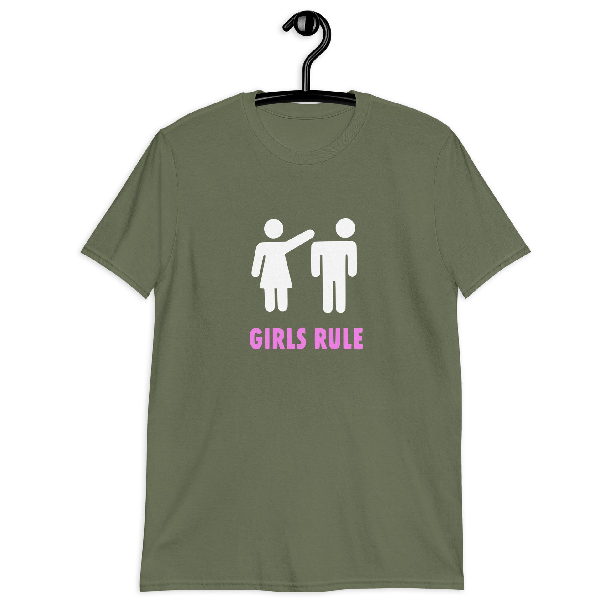 Military green t-shirt with an image of a stick figure man and woman. The stick woman is punching the stick mans head off and the words Girls rule is printed beneath in hot pink. The graphics are printed on the front of the shirt.