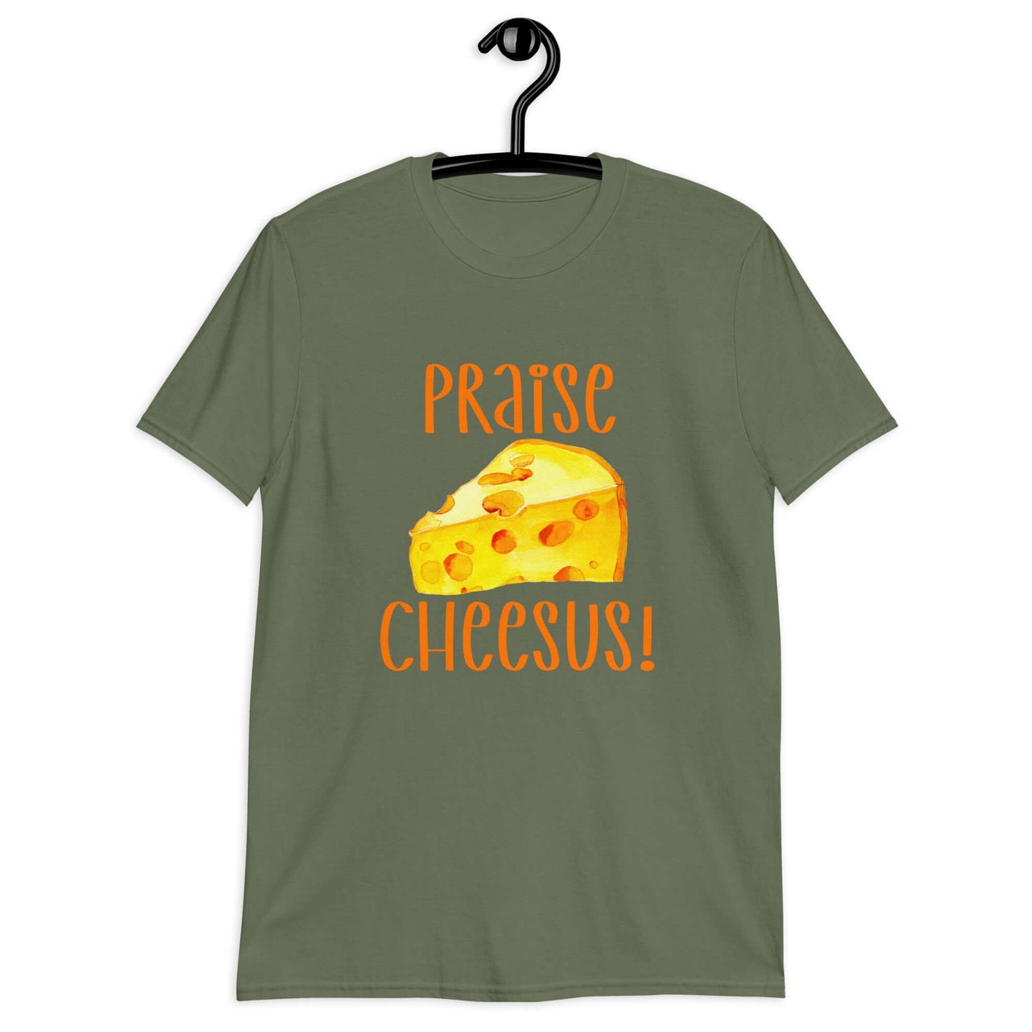 Military green t-shirt with funny graphics of a piece of swiss cheese and the words Praise Cheesus printed on the front of the hoodie in yellow and orange.