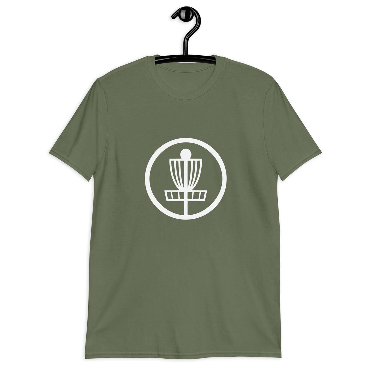 Military green t-shirt with an image of disc golf basket silhouette with a circle around it printed on the front.