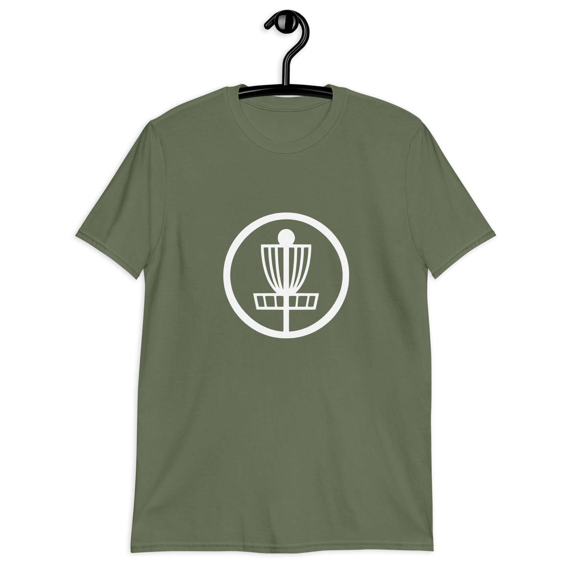 Military green t-shirt with an image of disc golf basket silhouette with a circle around it printed on the front.