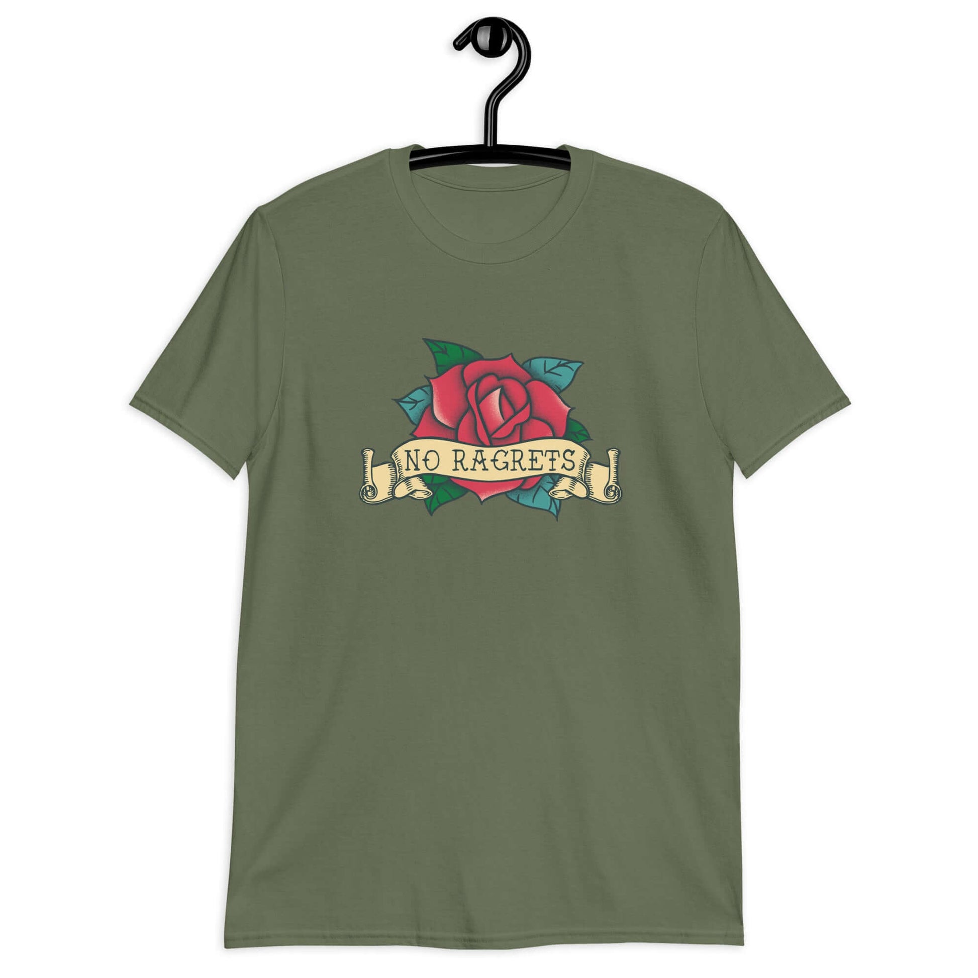 Military green t-shirt with a funny image of an old school rose flash tattoo & the words no ragrets. The word regrets is intentionally misspelled.