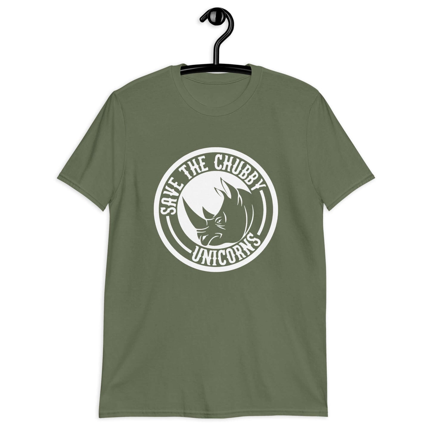 Military green t-shirt with a funny graphic of a rhinoceros & the words Save the chubby unicorns printed on the front.