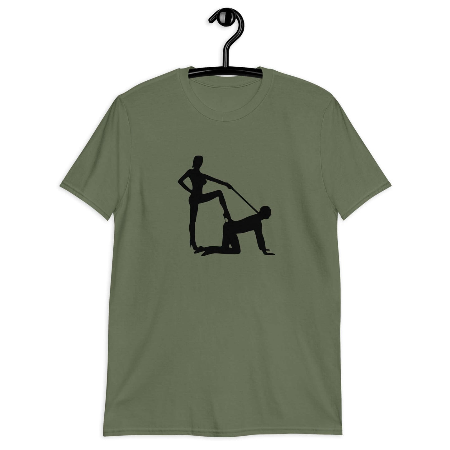 Military green t-shirt with the image of a silhouette of a man on his hands and knees and a dominatrix holding his leash printed on the front.