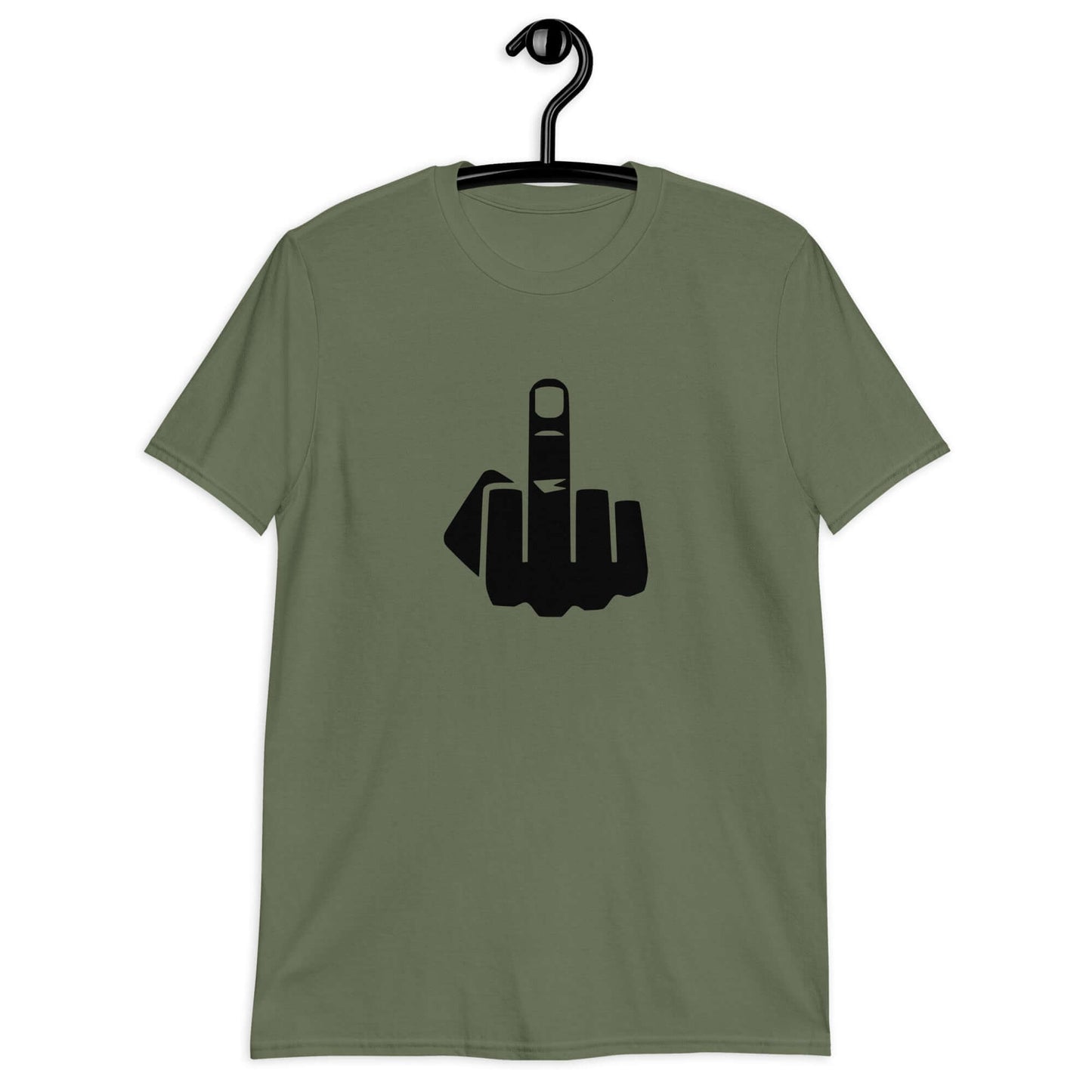 Military green t-shirt with an image of middle finger silhouette printed on the front.