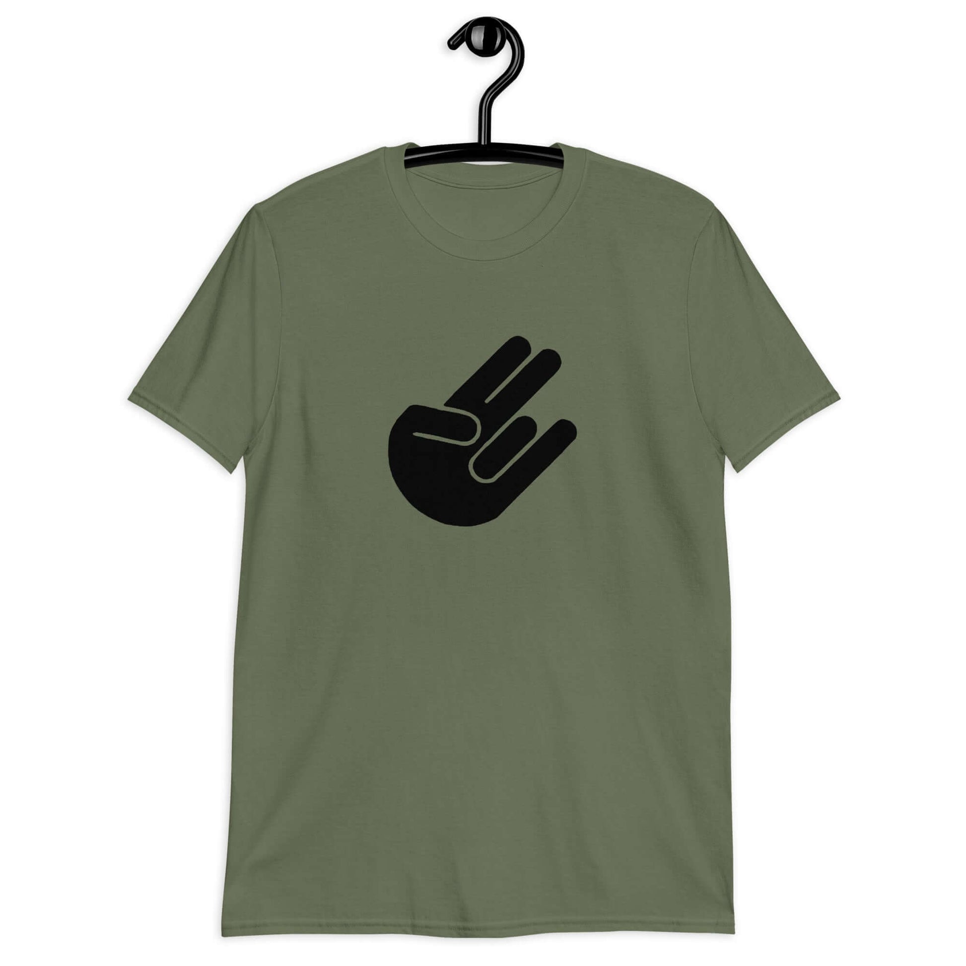 Military green t-shirt with the universal symbol for The Shocker printed on the front.